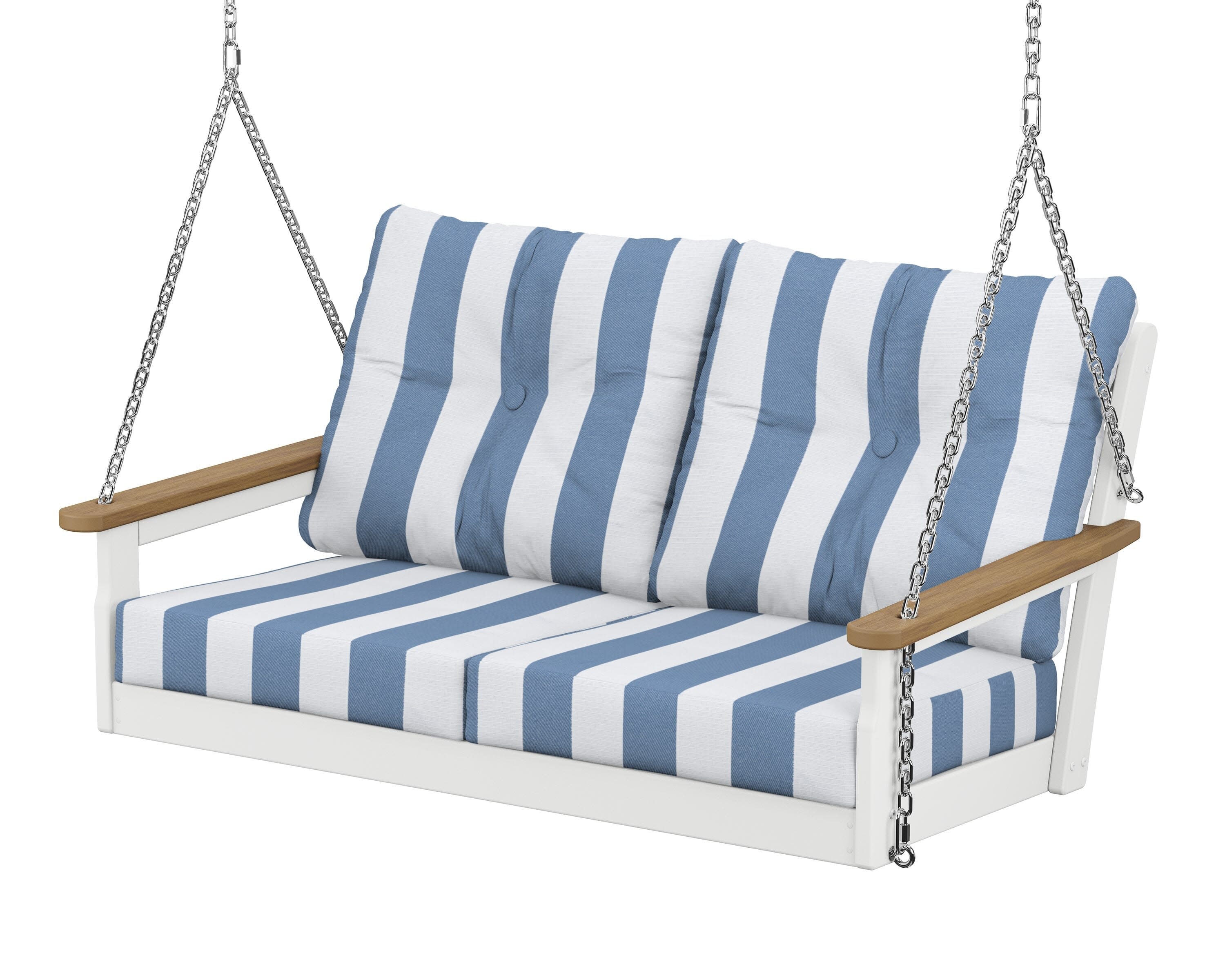 Vineyard Deep Seating Swing in White / Natural / Cabana Stripe Sky Blue
