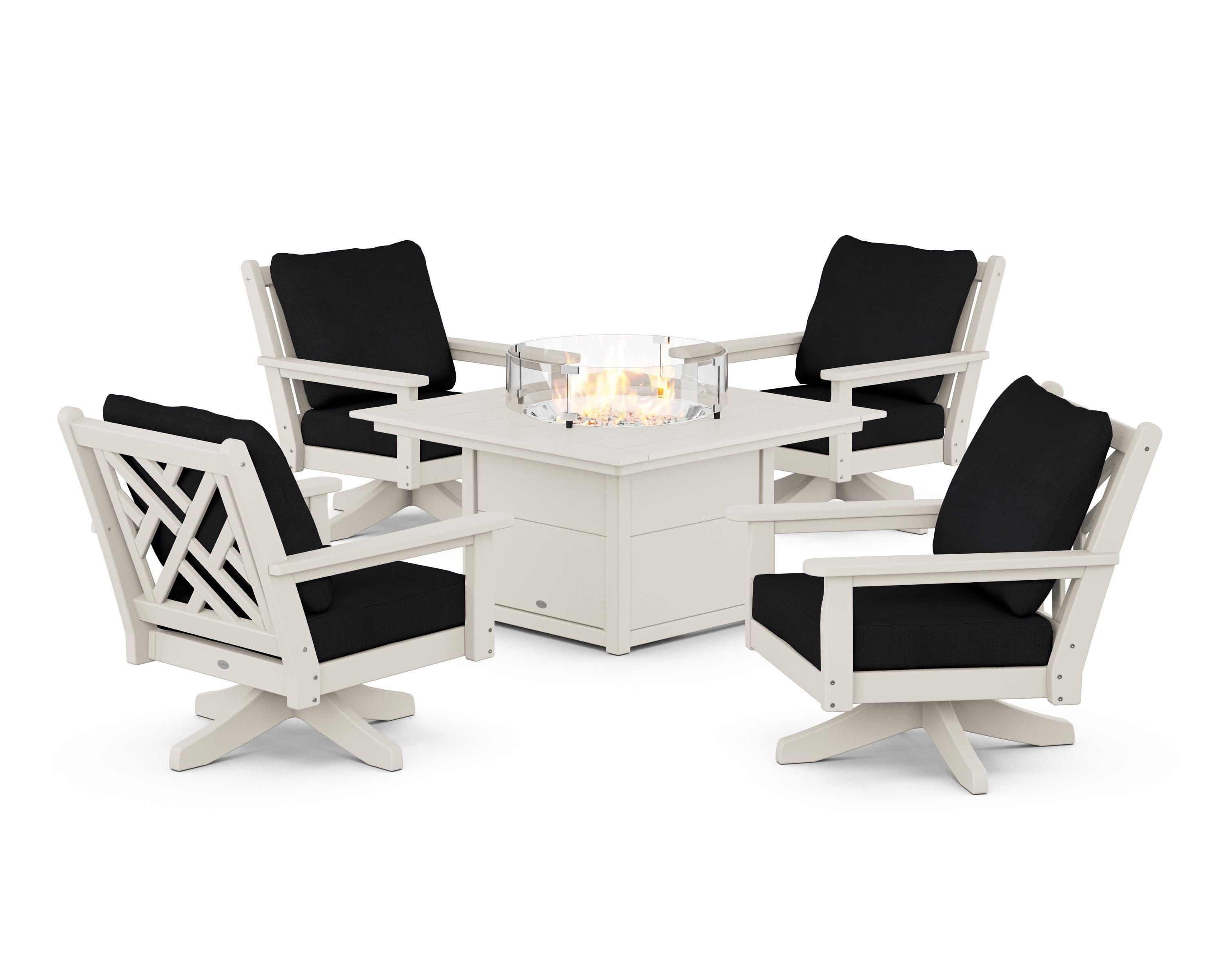 Chippendale 5-Piece Deep Seating Swivel Conversation Set with Fire Pit Table in Sand / Midnight Linen