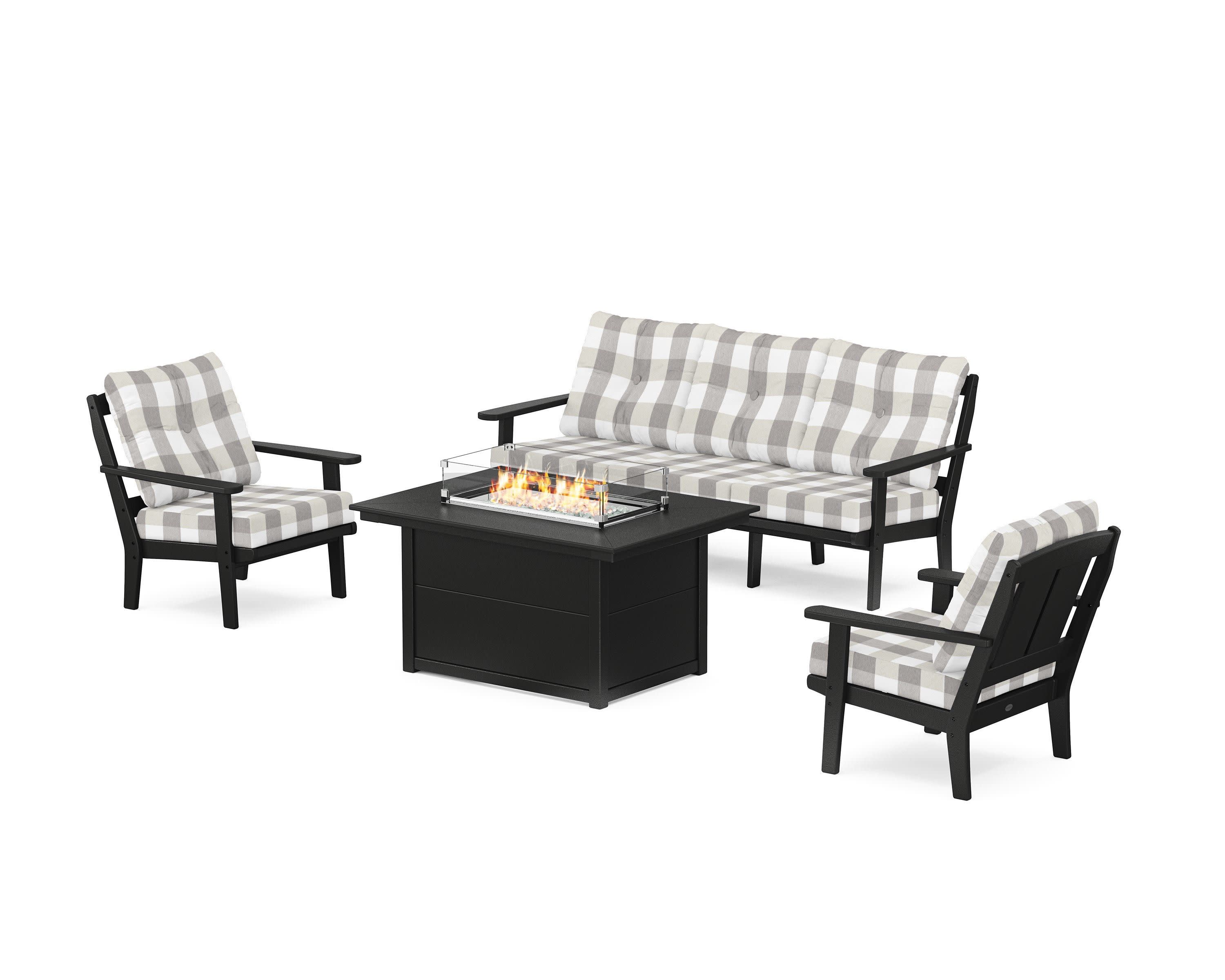 Mission Deep Seating Fire Pit Table Set in Black / Buffalo Plaid Grey Mist