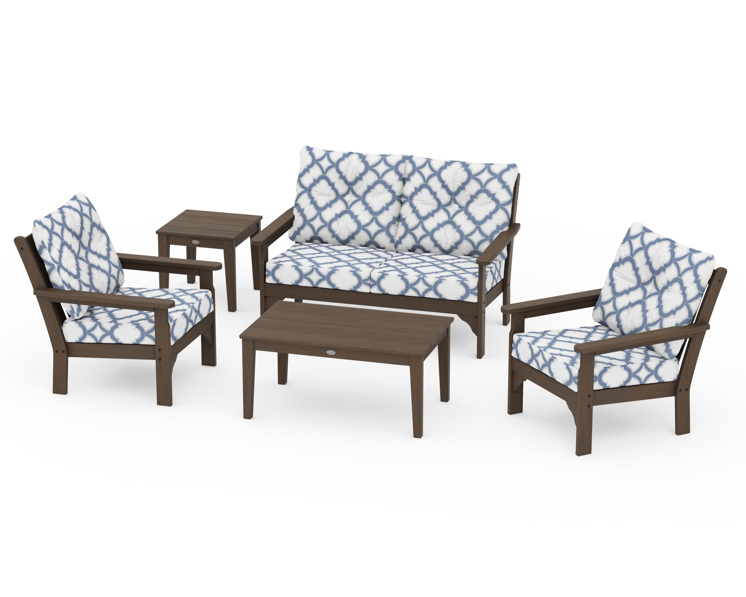 Vineyard 5-Piece Deep Seating Set in Kona / Trellis Sky Blue