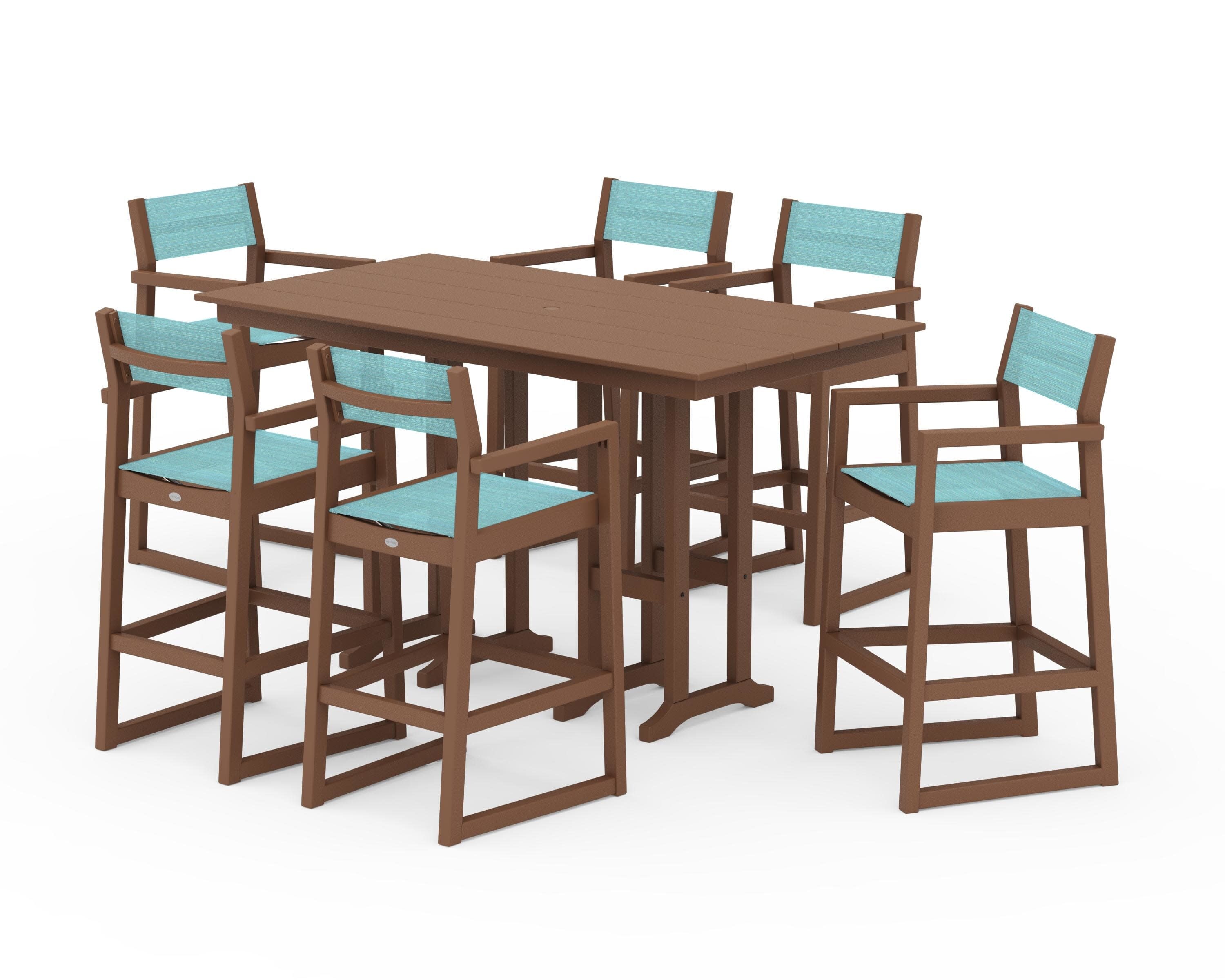 EDGE Sling Arm Chair 7-Piece Farmhouse Bar Set in Teak / Dupioni Aquamarine Sling
