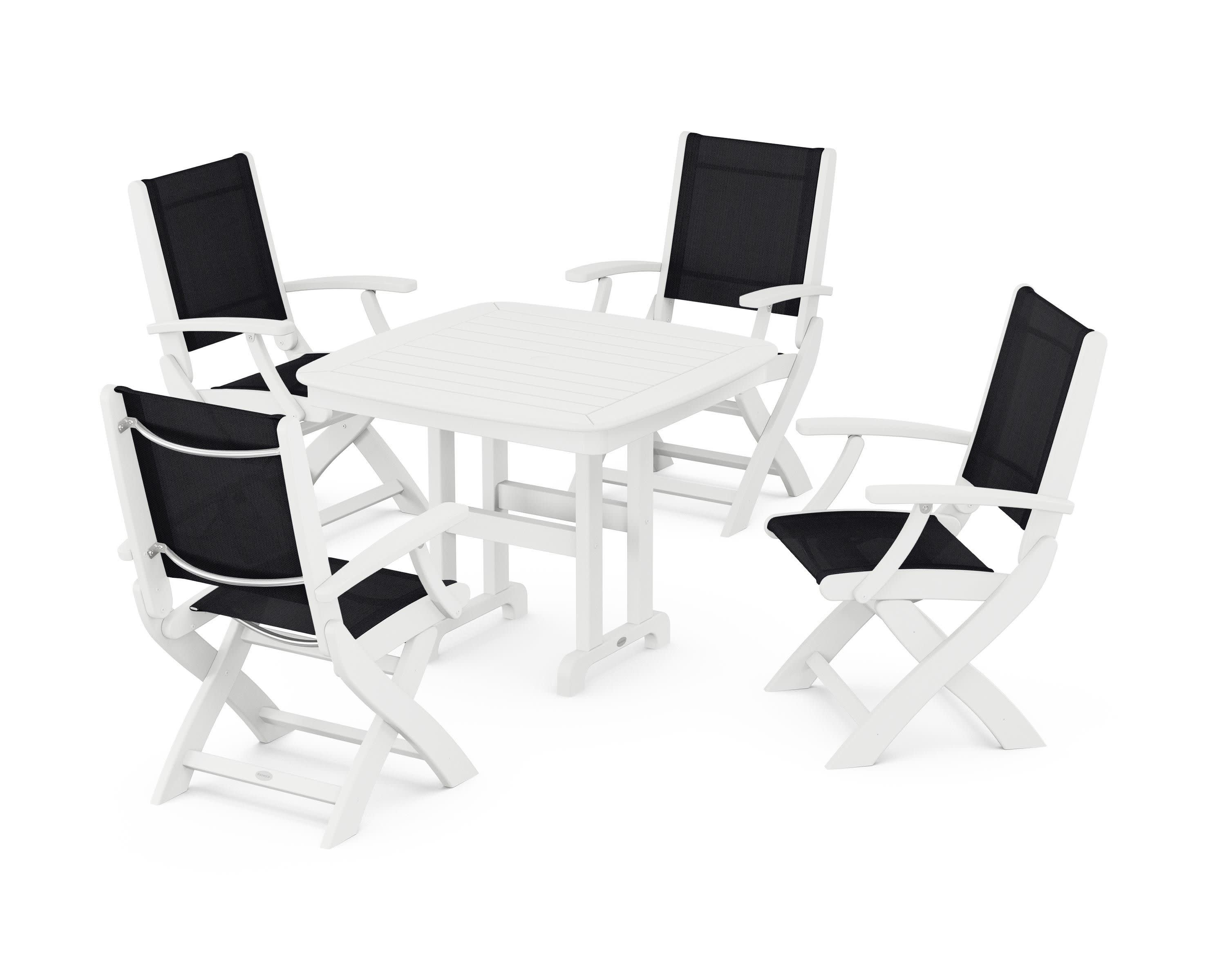 Coastal Folding Chair 5-Piece Dining Set in White / Black Sling