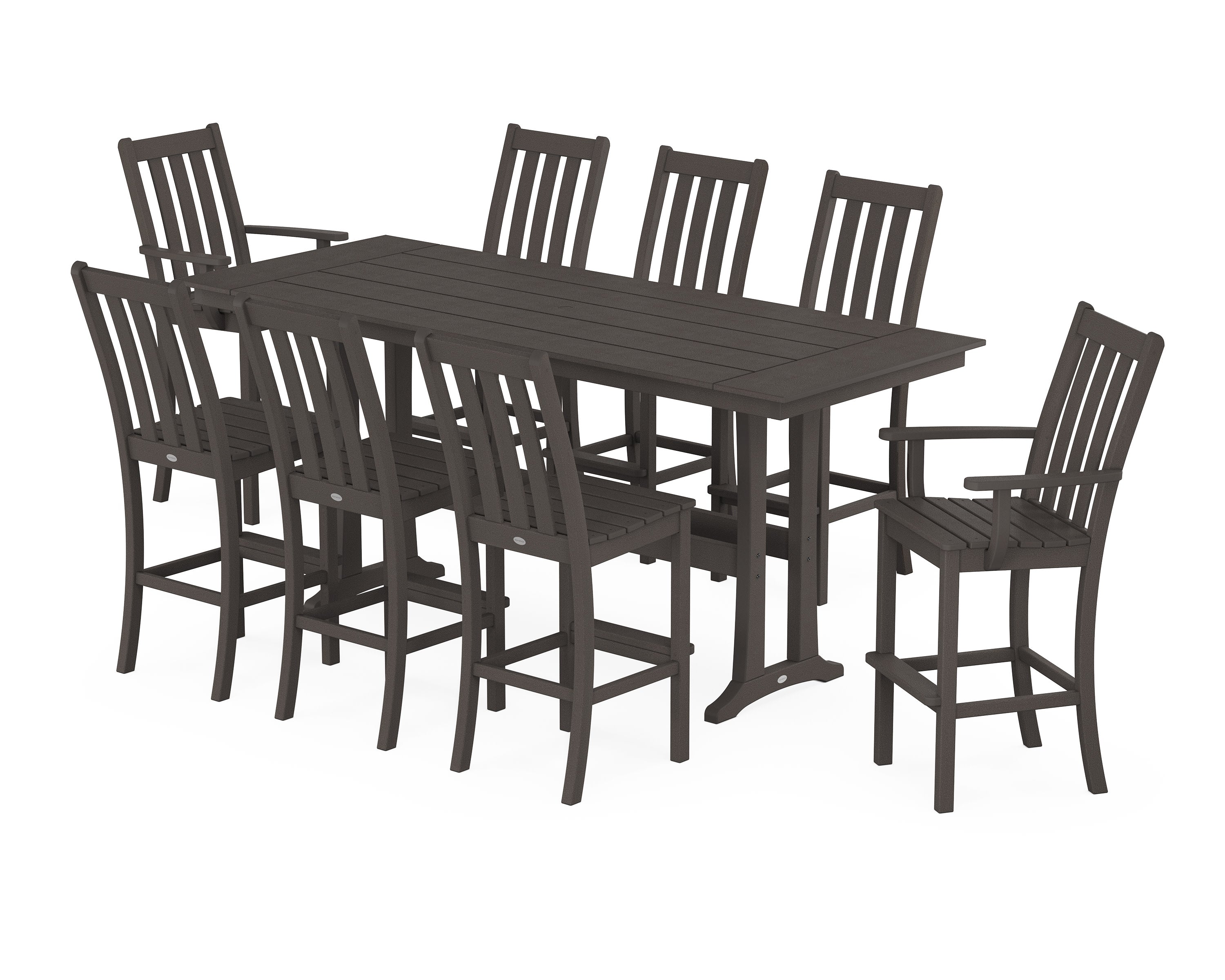 Vineyard 9-Piece Farmhouse Bar Set with Trestle Legs in Vintage Coffee