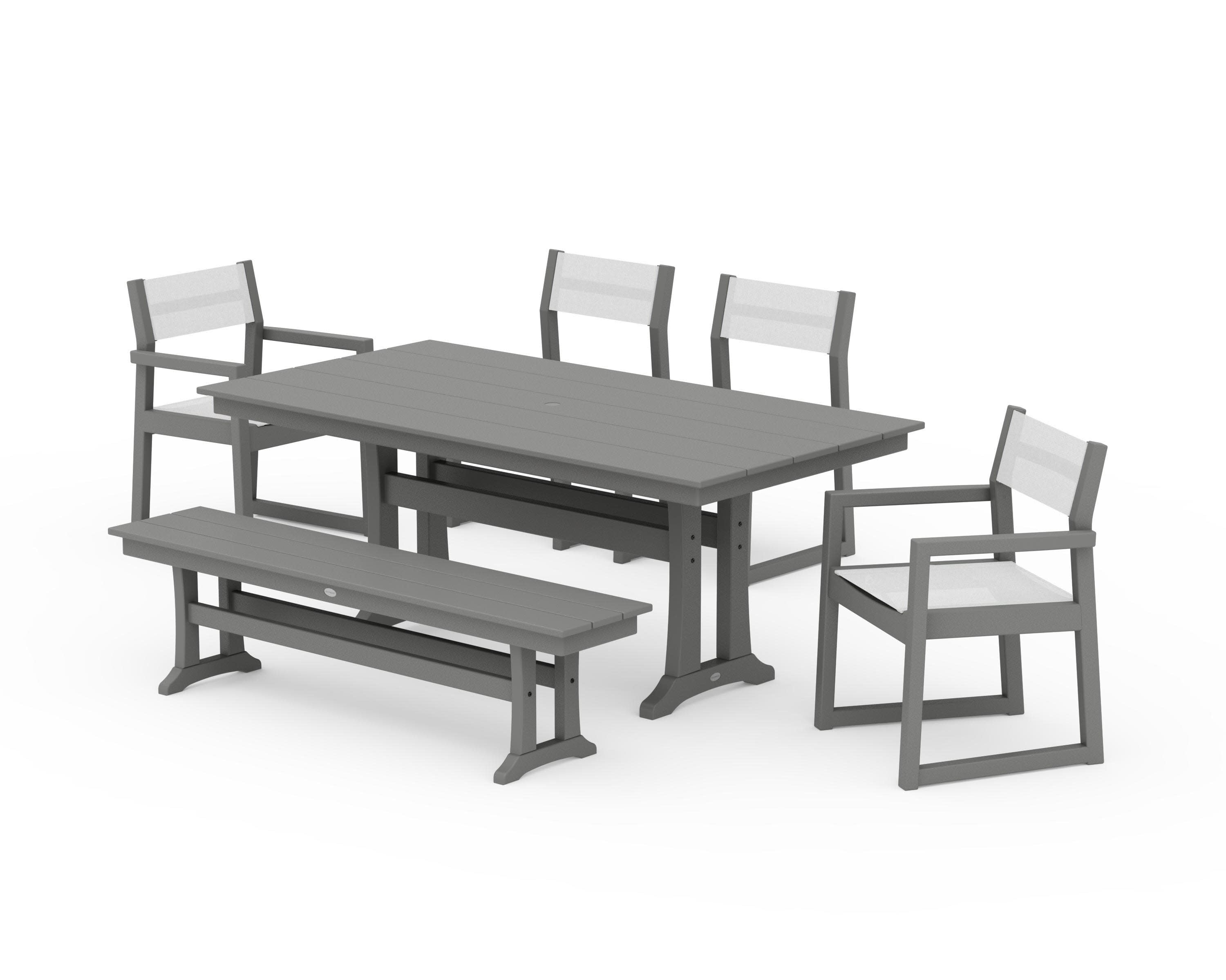 EDGE Sling 6-Piece Farmhouse Dining Set With Trestle Legs in Slate Grey / White Sling