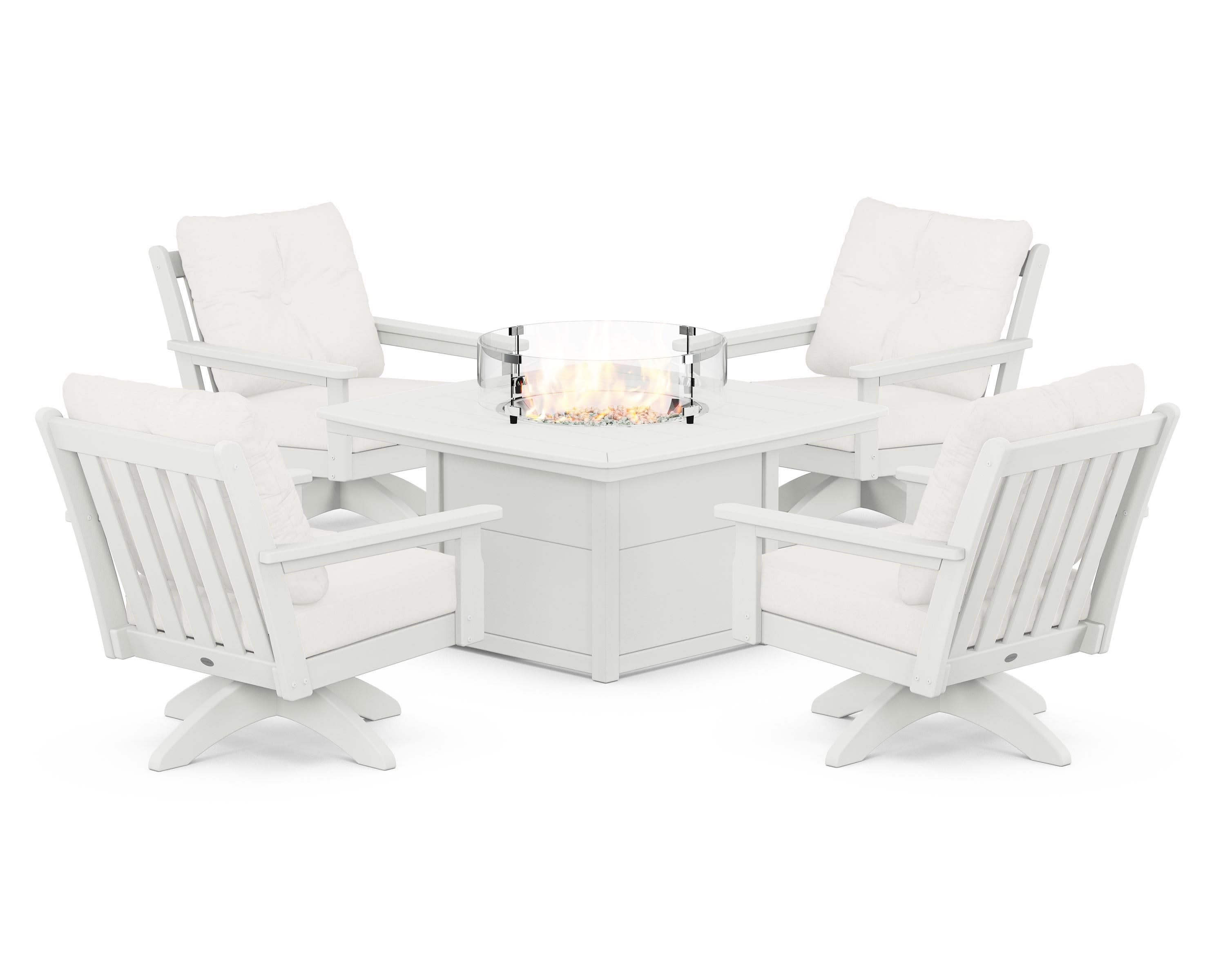 Vineyard 5-Piece Deep Seating Swivel Conversation Set with Fire Pit Table in Vintage White / Natural Linen