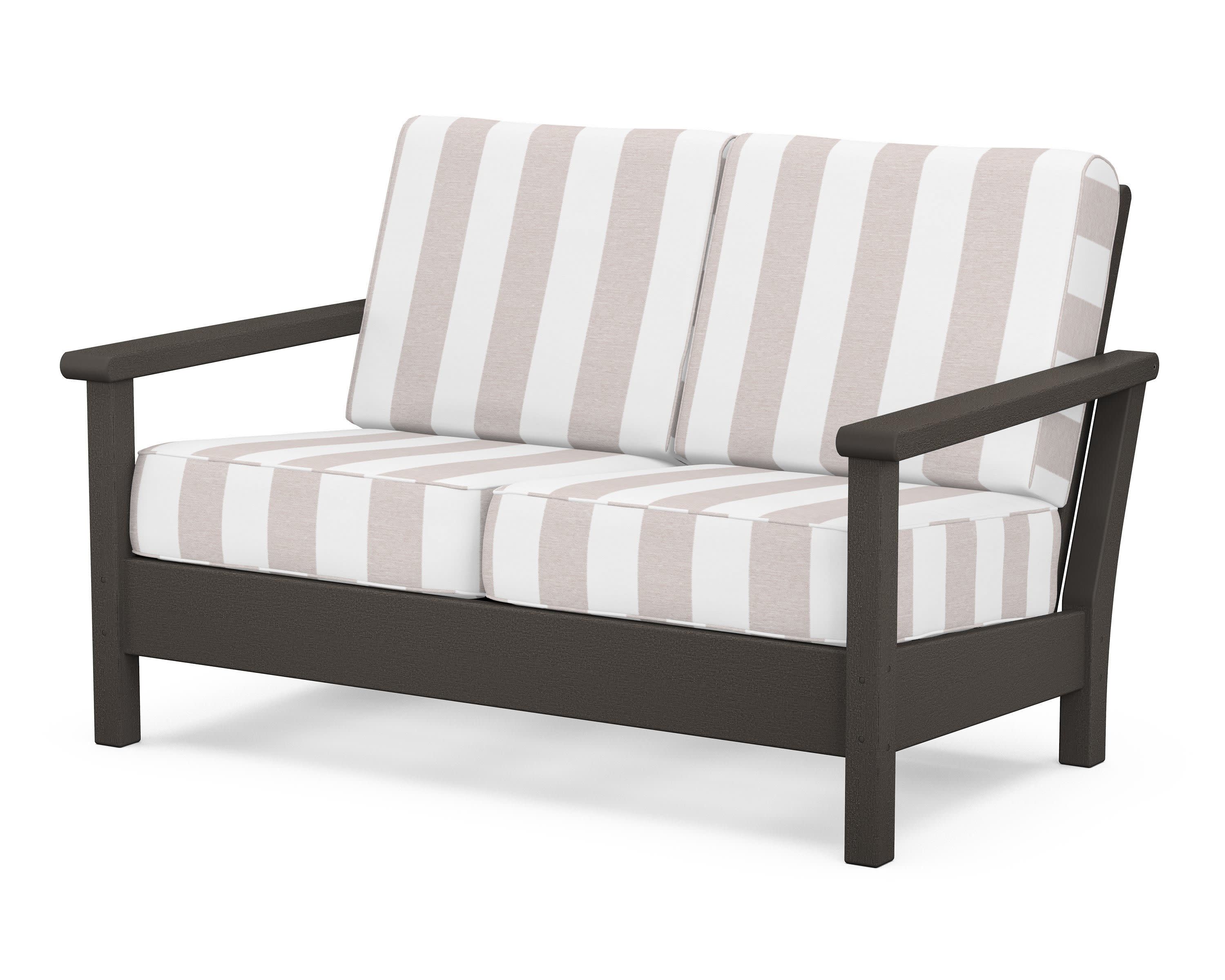 Harbour Deep Seating Loveseat in Vintage Coffee / Cabana Stripe Dune Burlap