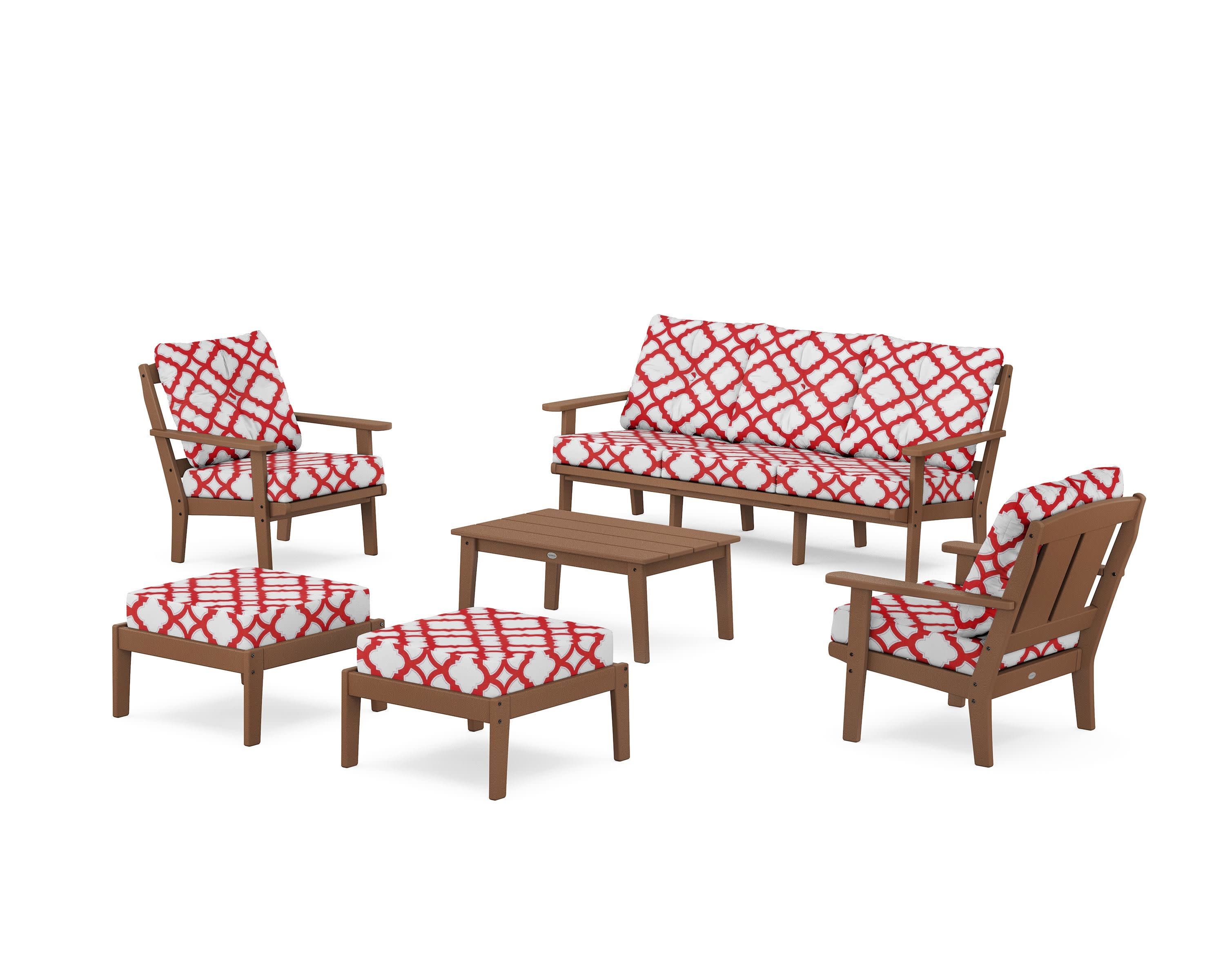 Mission 6-Piece Lounge Sofa Set in Teak / Trellis Crimson