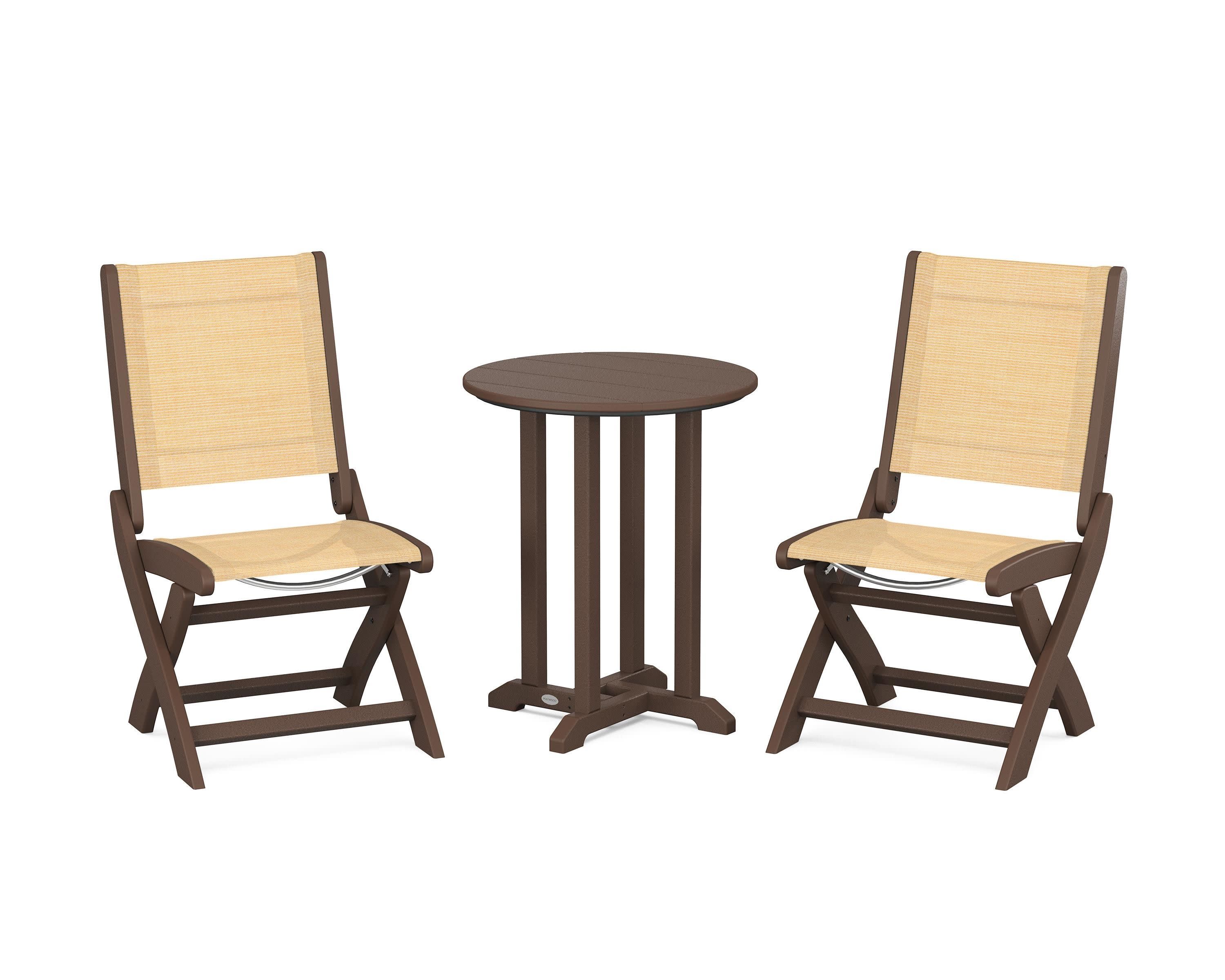 Coastal Folding Side Chair 3-Piece Round Bistro Dining Set in Mahogany / Dupioni Apricot Sling