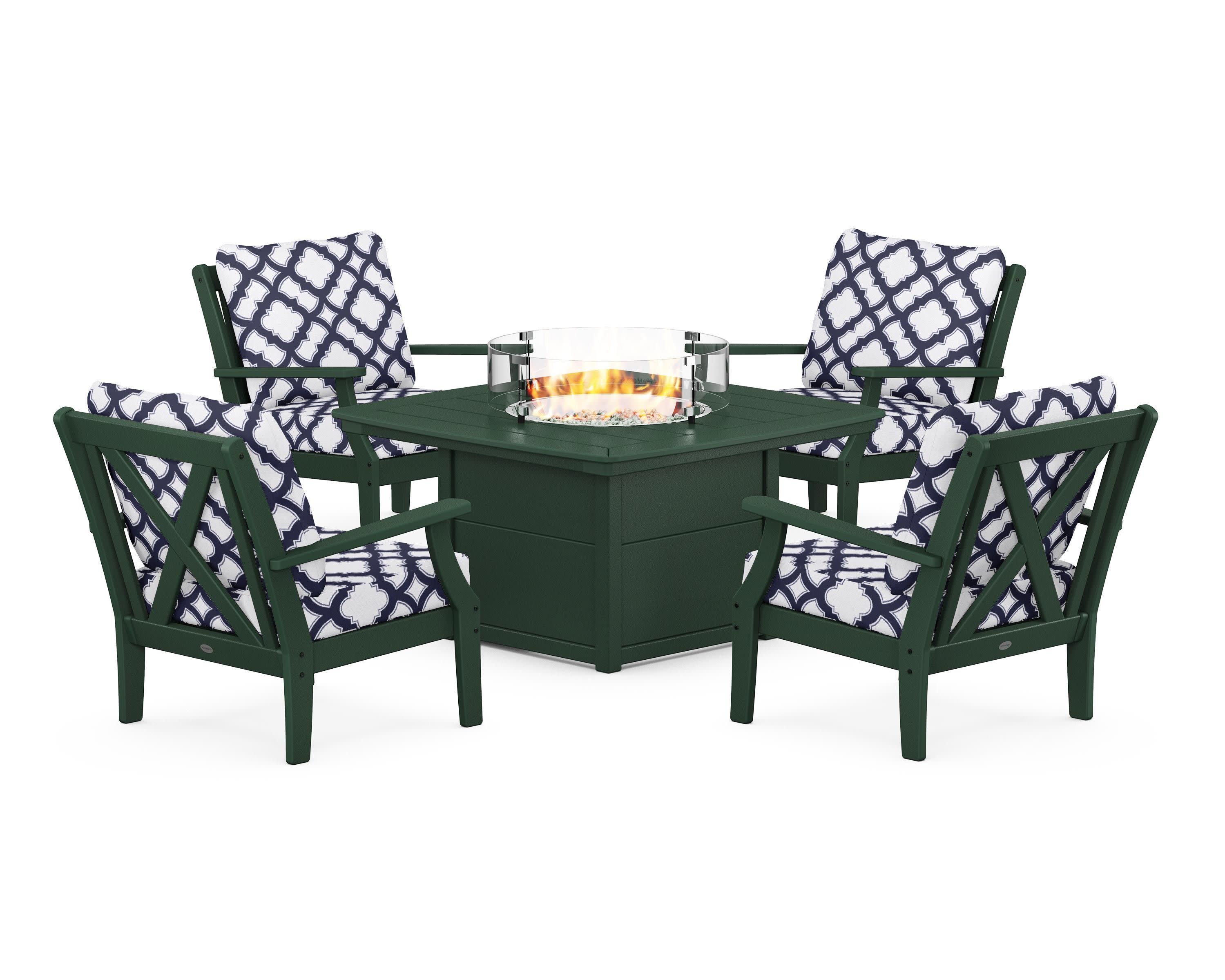 Braxton 5-Piece Deep Seating Conversation Set with Fire Pit Table in Green / Trellis Navy