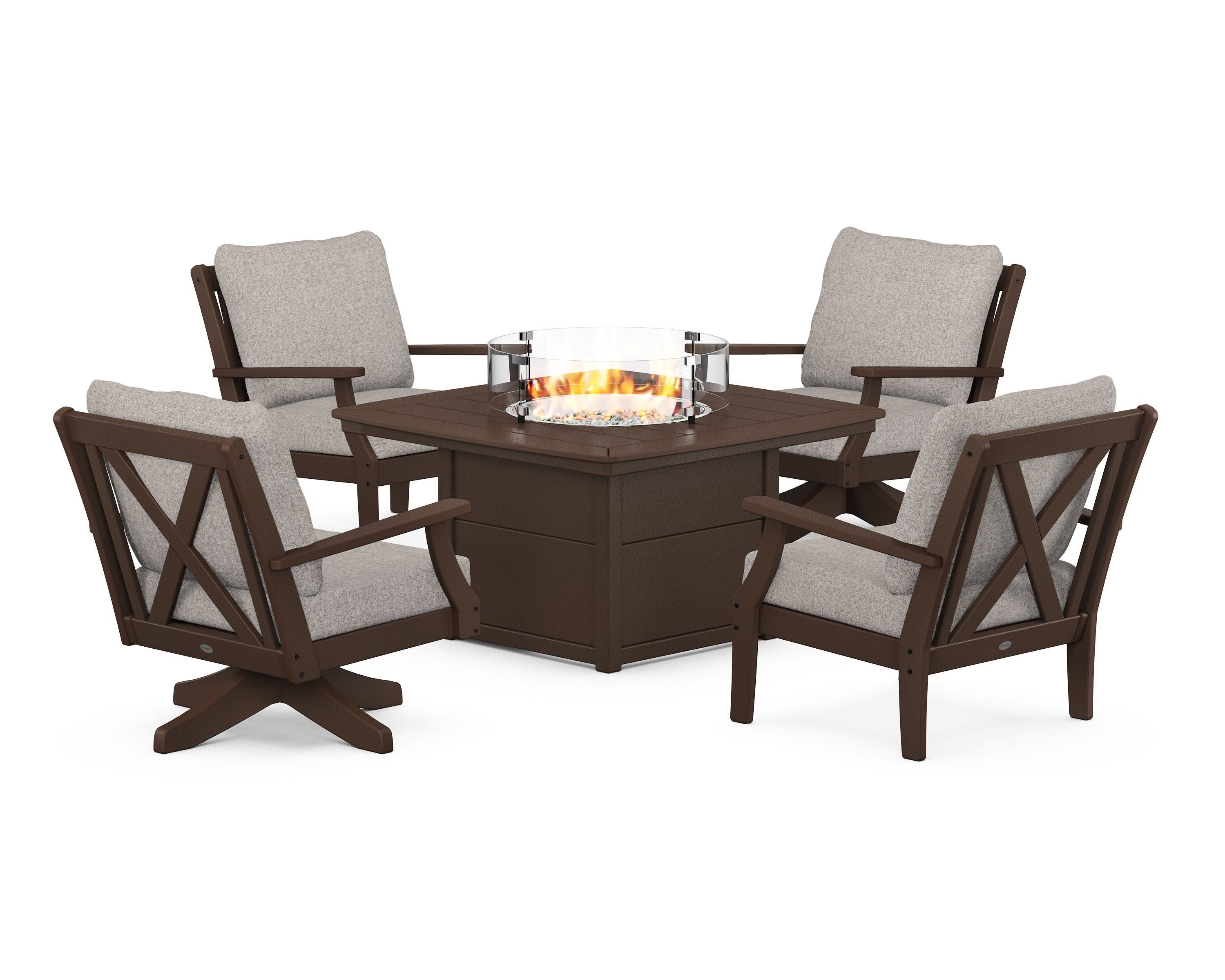 Braxton 5-Piece Deep Seating Set with Fire Table in Mahogany / Weathered Tweed