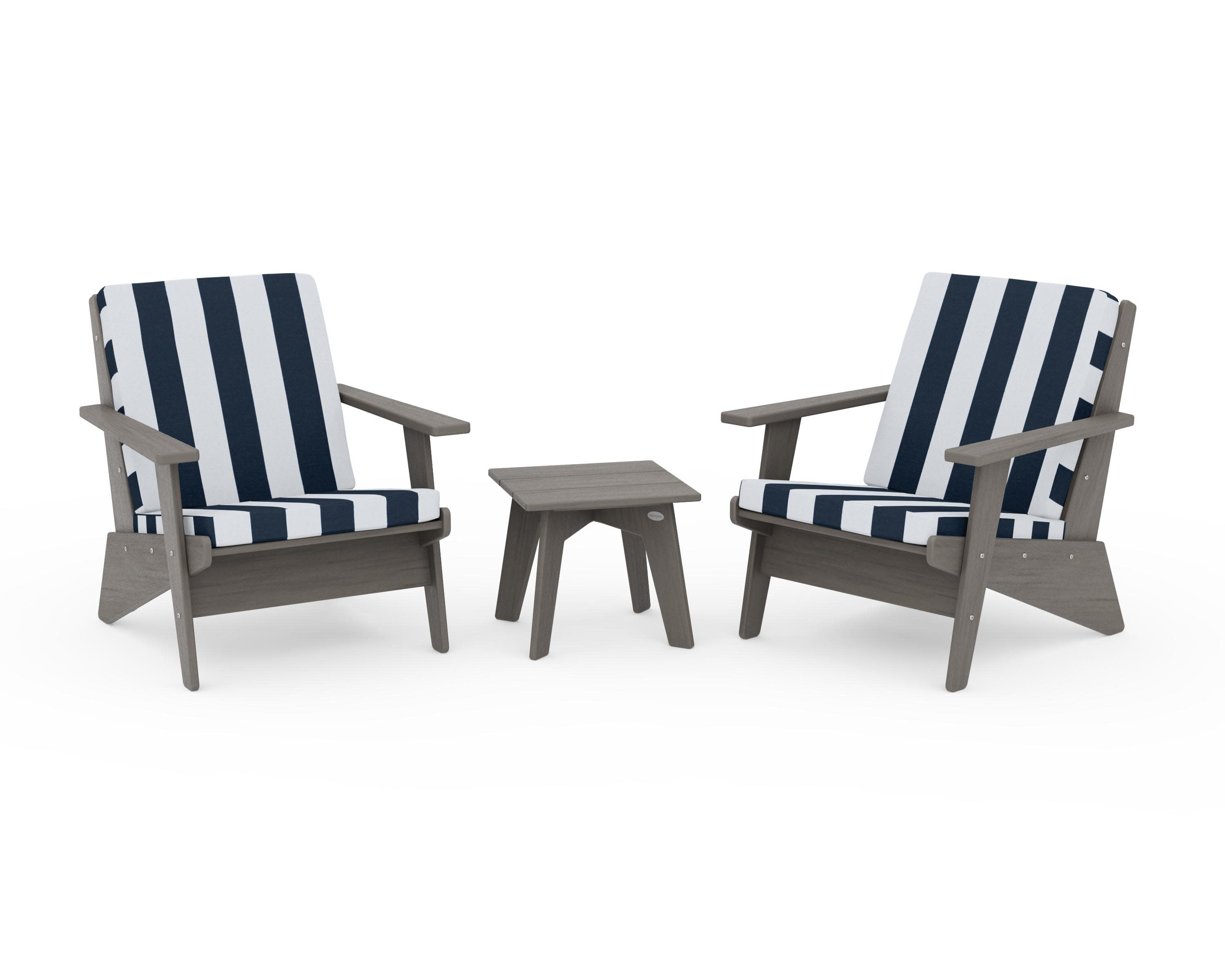Riviera Modern Lounge 3-Piece Set in Driftwood / Cabana Stripe Marine Indigo