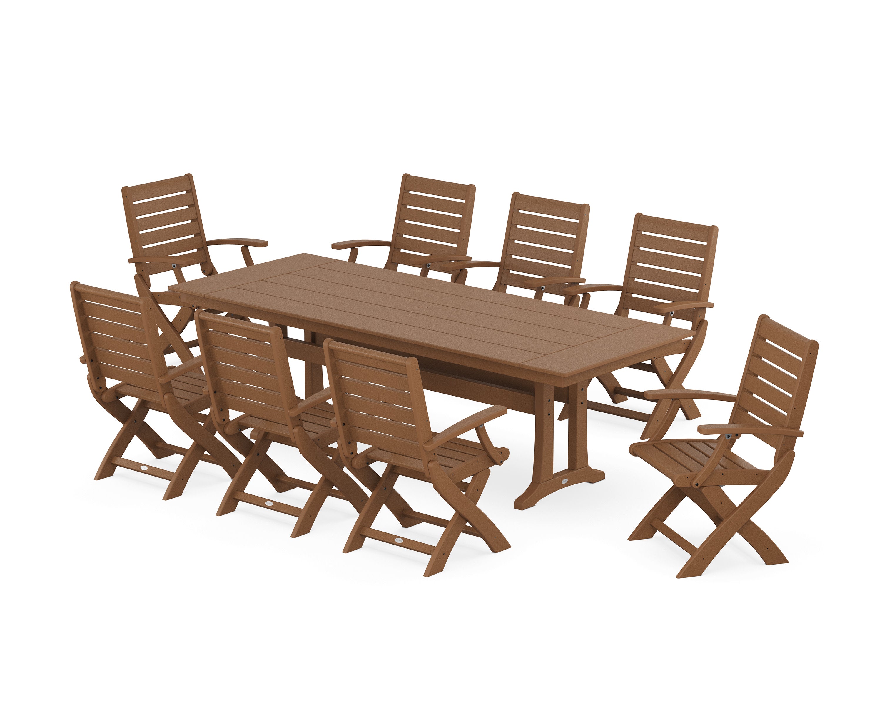Signature Folding 9-Piece Farmhouse Trestle Dining Set with Trestle Legs in Teak