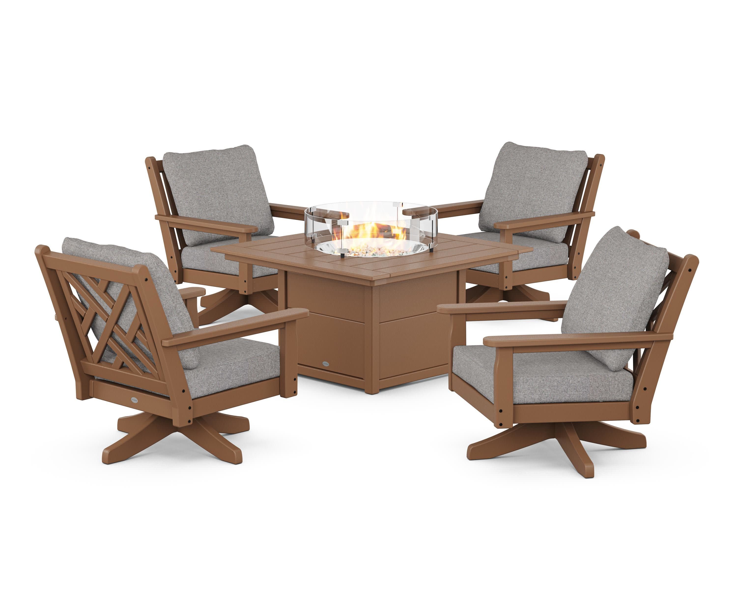 Chippendale 5-Piece Deep Seating Swivel Conversation Set with Fire Pit Table in Teak / Grey Mist