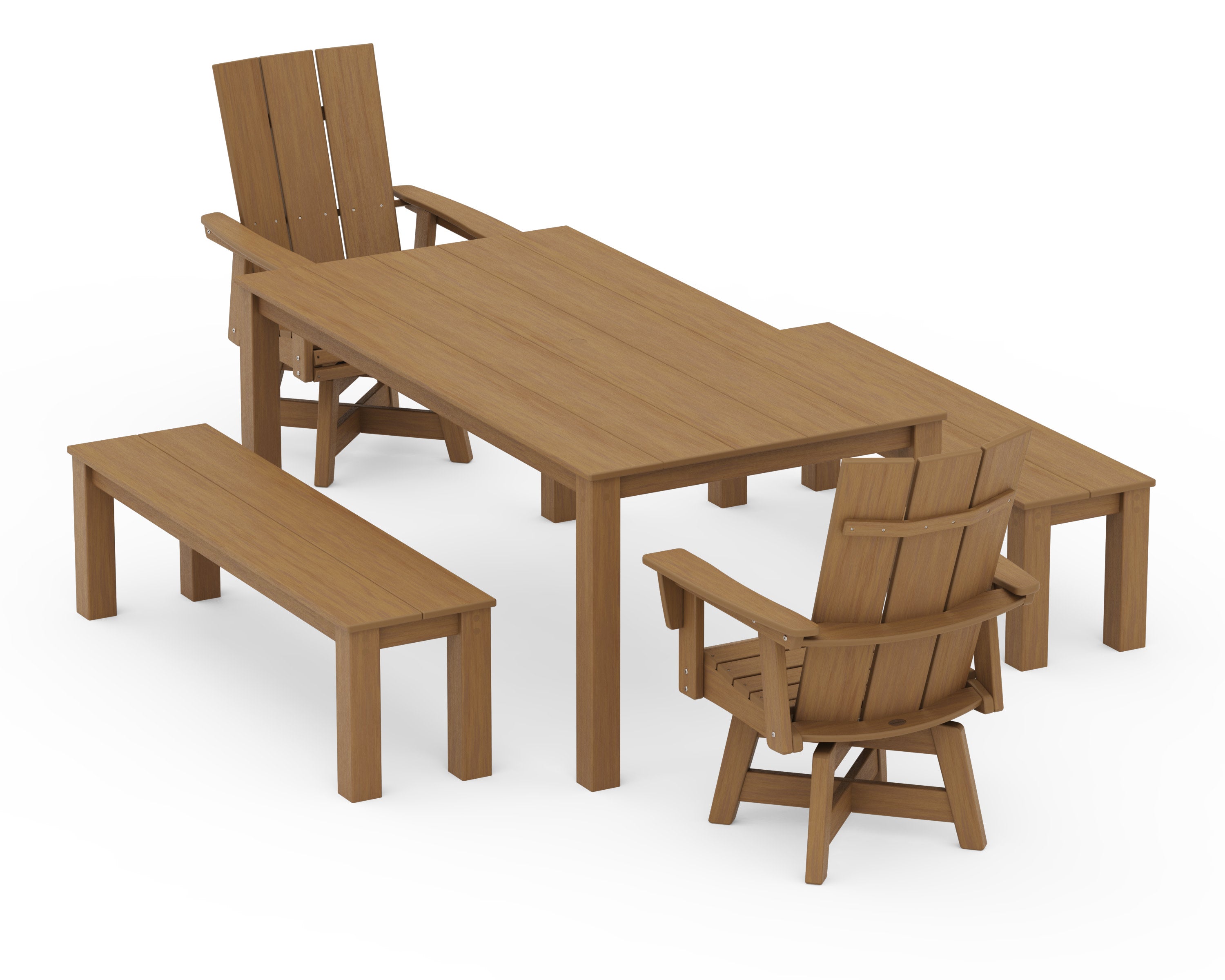 Modern Curveback Adirondack 5-Piece Parsons Swivel Dining Set with Benches in Natural