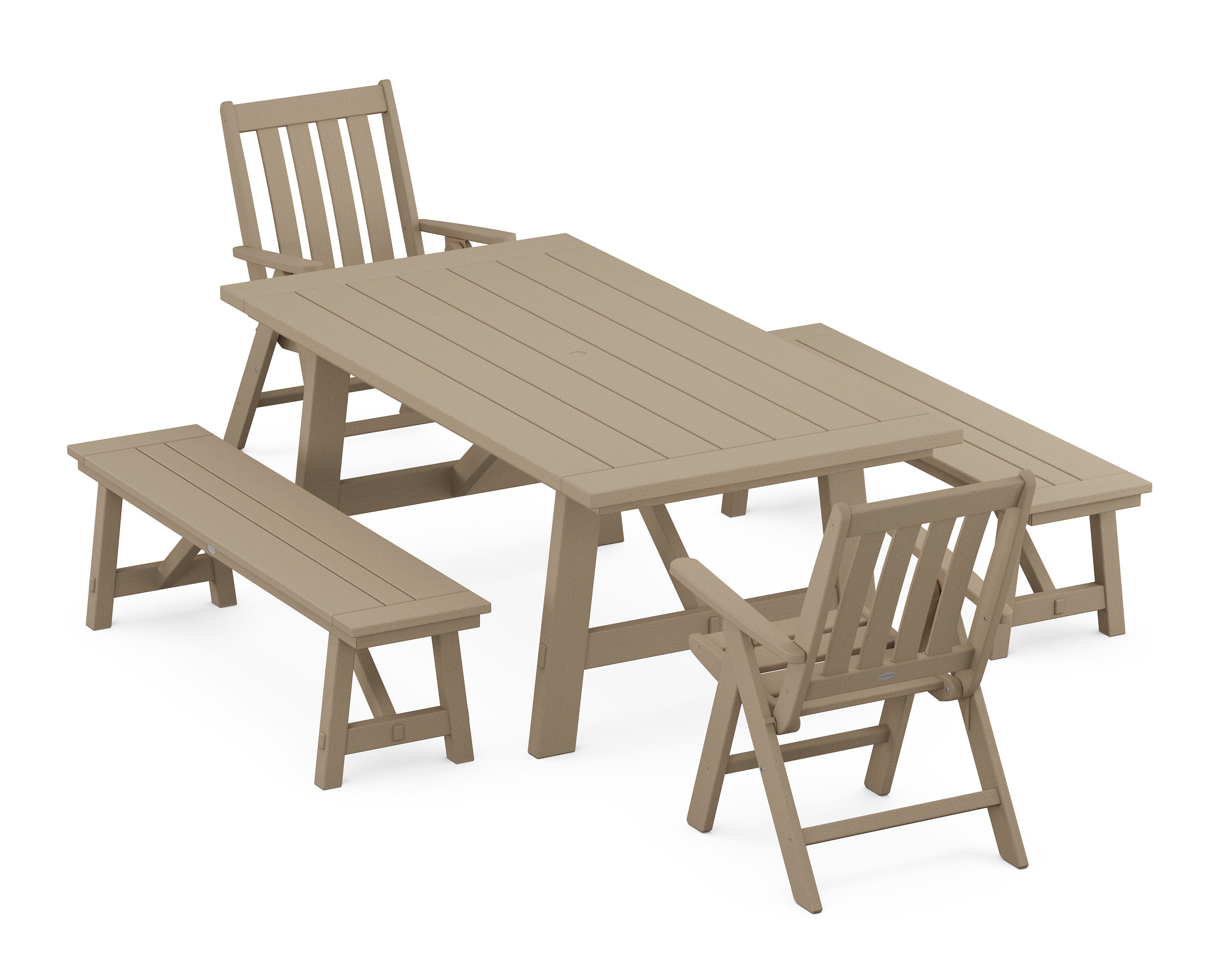 Vineyard Folding Chair 5-Piece Rustic Farmhouse Dining Set With Benches in Vintage Sahara