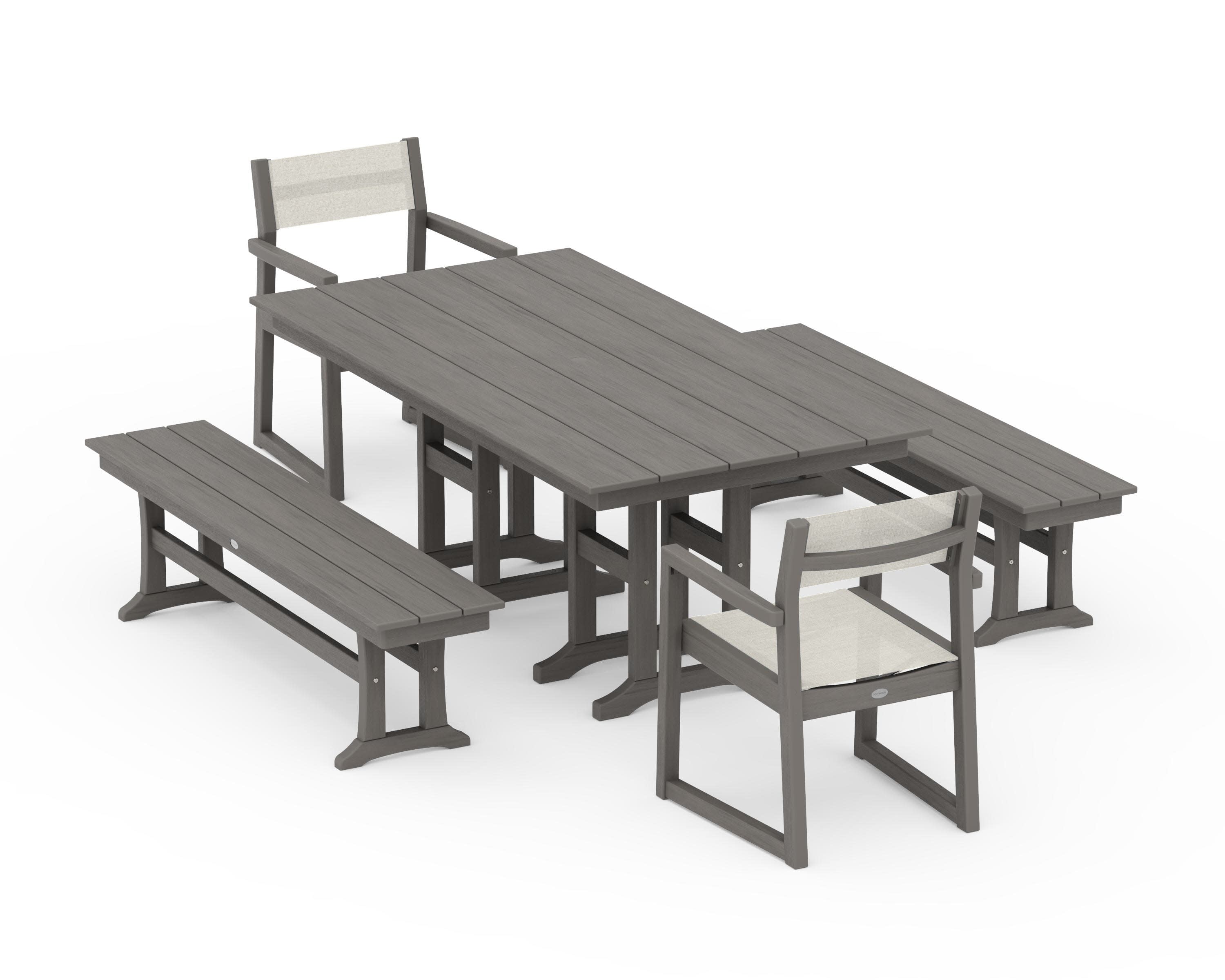 EDGE Sling Arm Chair 5-Piece Farmhouse Dining Set with Benches in Driftwood / Parchment Sling
