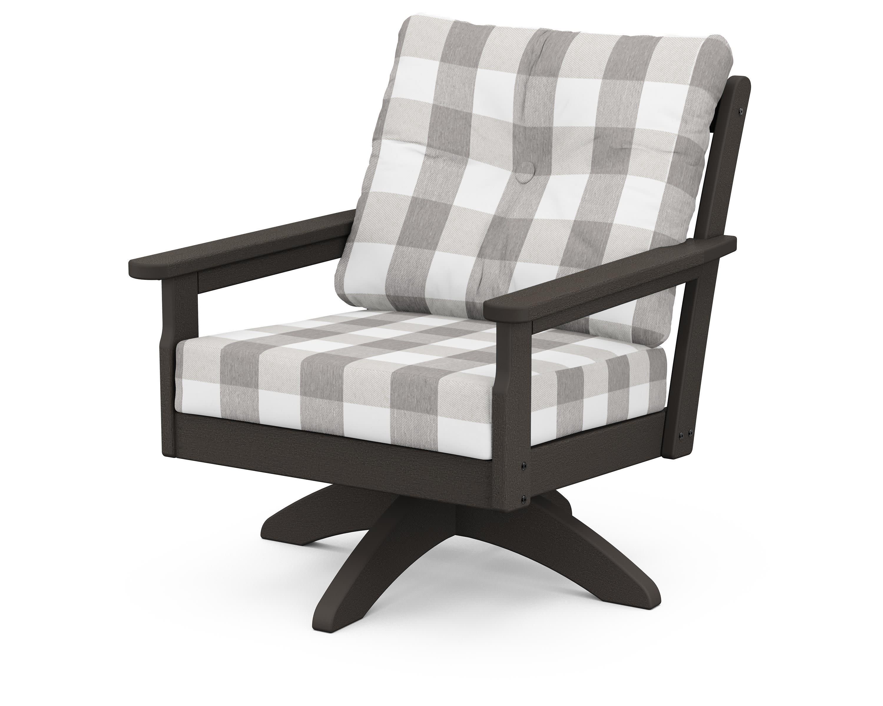 Vineyard Deep Seating Swivel Chair in Vintage Coffee / Buffalo Plaid Grey Mist