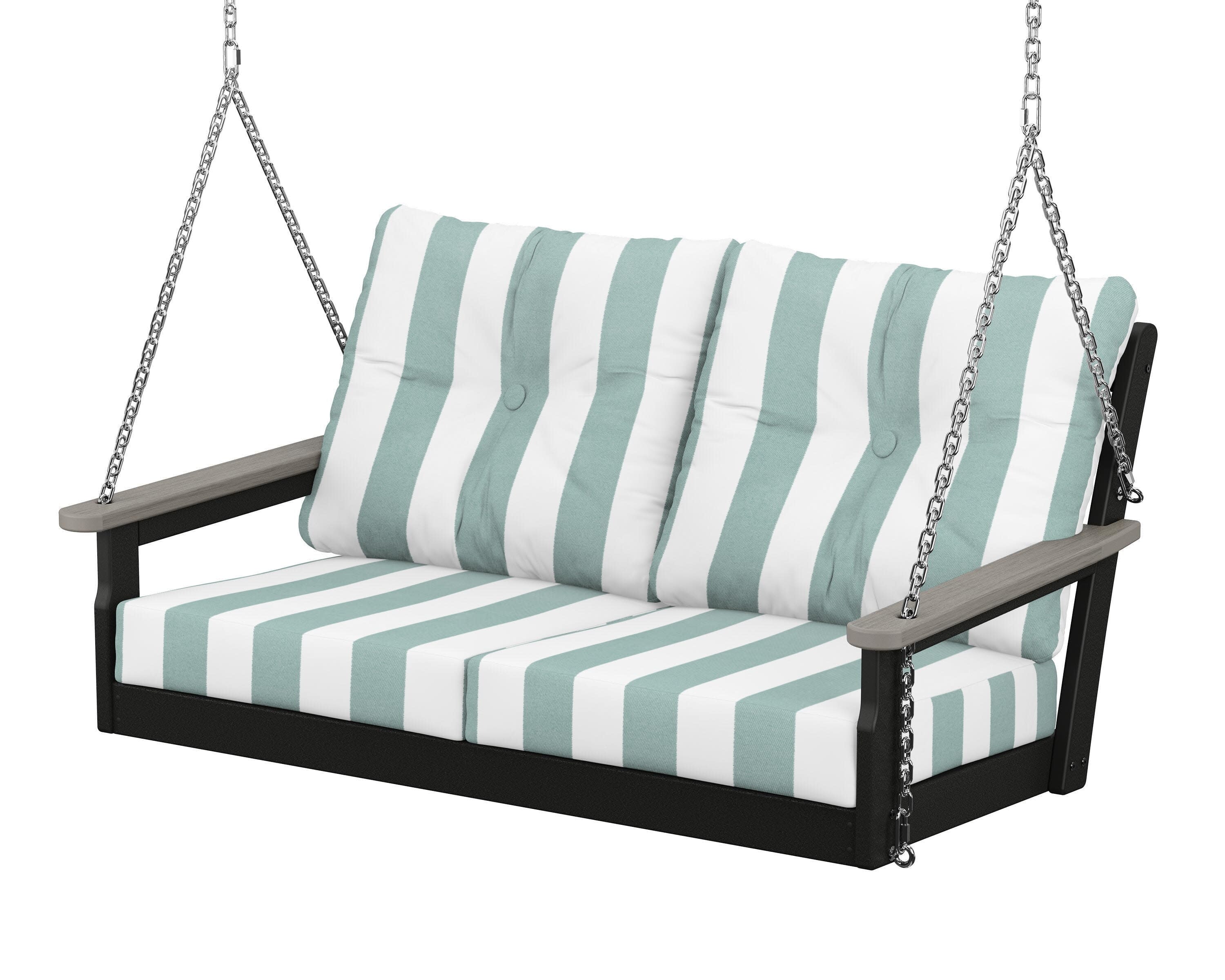 Vineyard Deep Seating Swing in Black / Driftwood / Cabana Stripe Glacier Spa