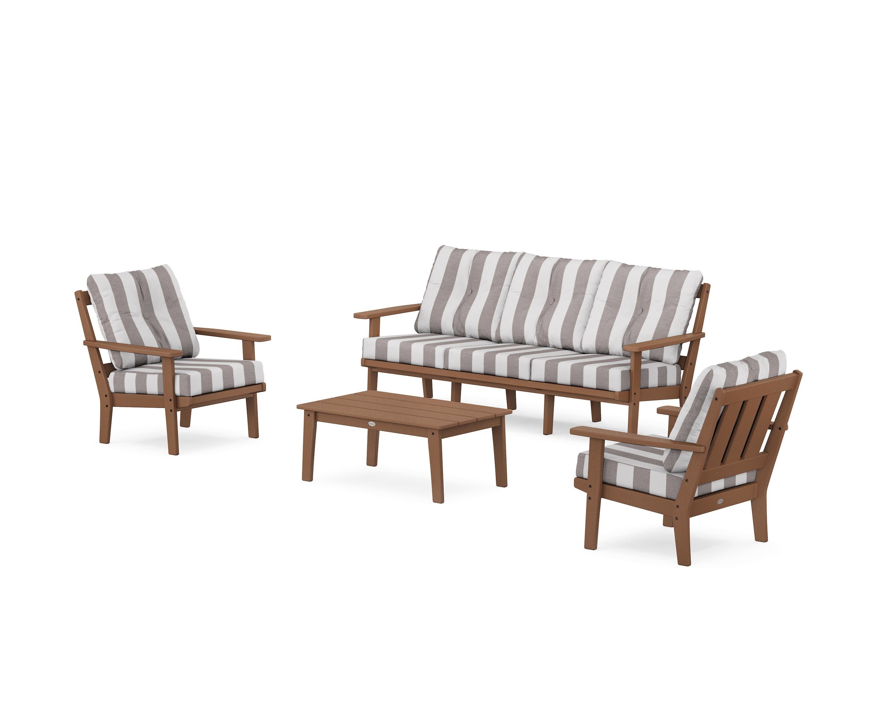 Oxford 4-Piece Deep Seating Set with Sofa in Teak / Cabana Stripe Grey Mist