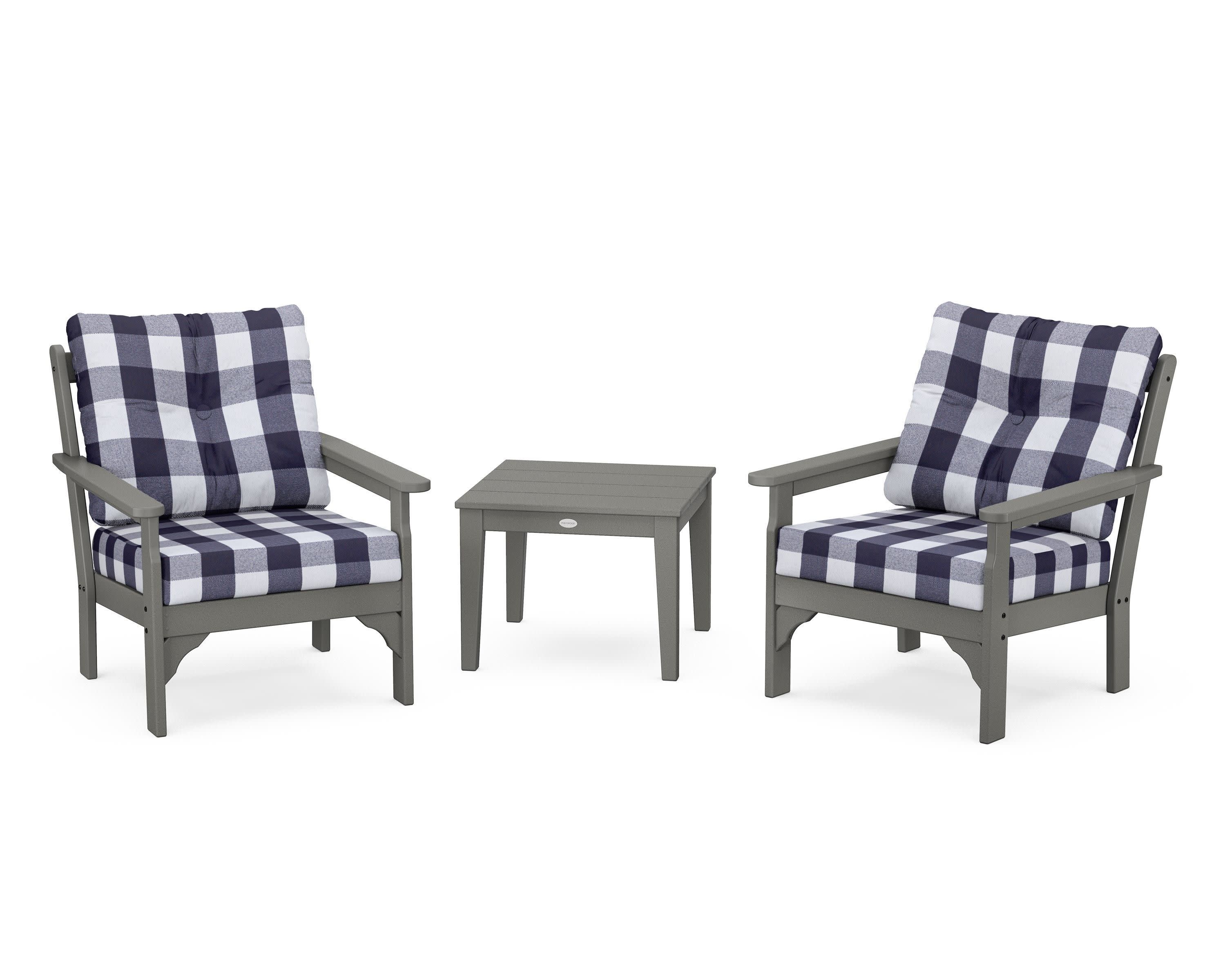 Vineyard 3-Piece Deep Seating Set in Slate Grey / Buffalo Plaid Navy
