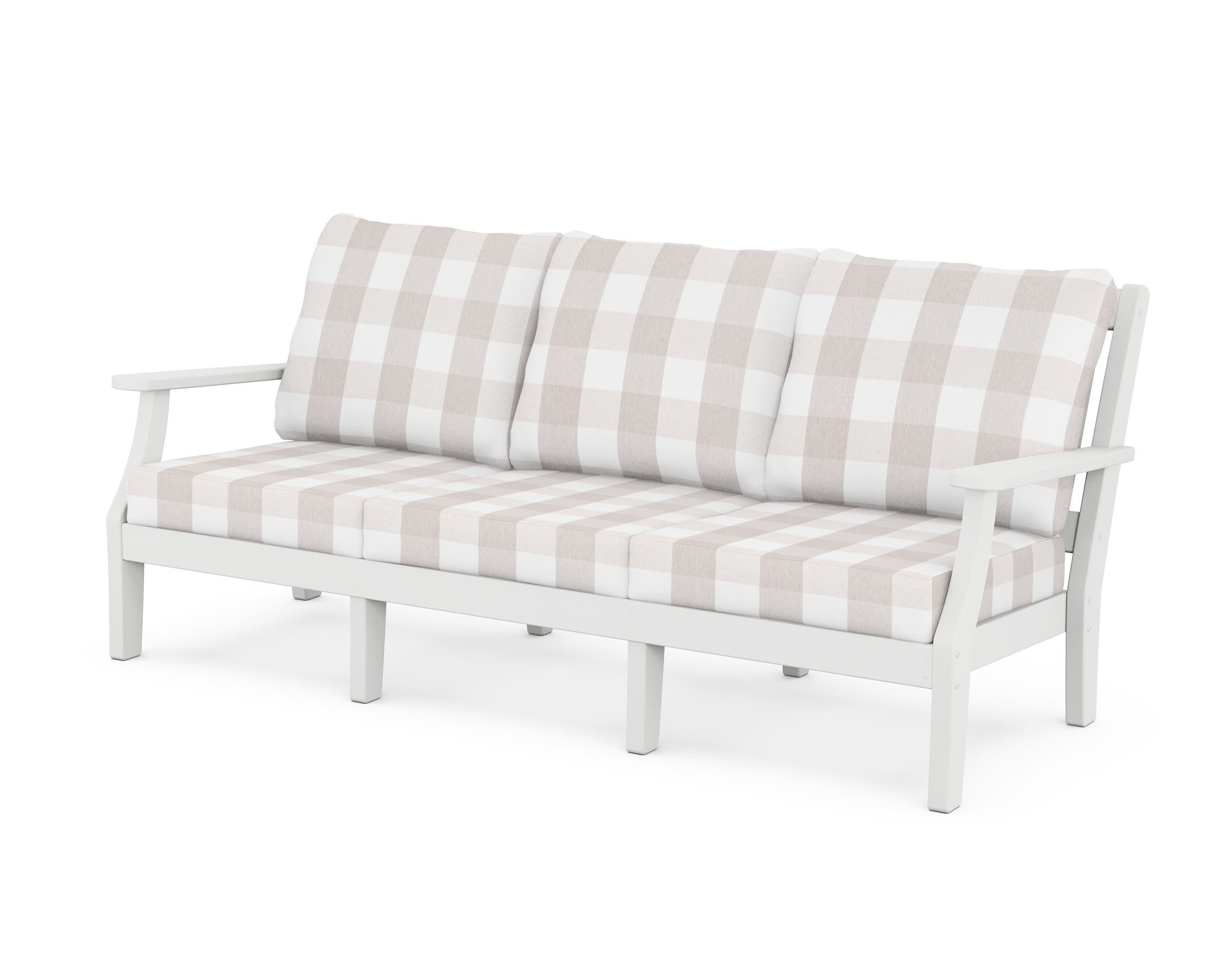 Chinoiserie Deep Seating Sofa in White / Buffalo Plaid Dune Burlap