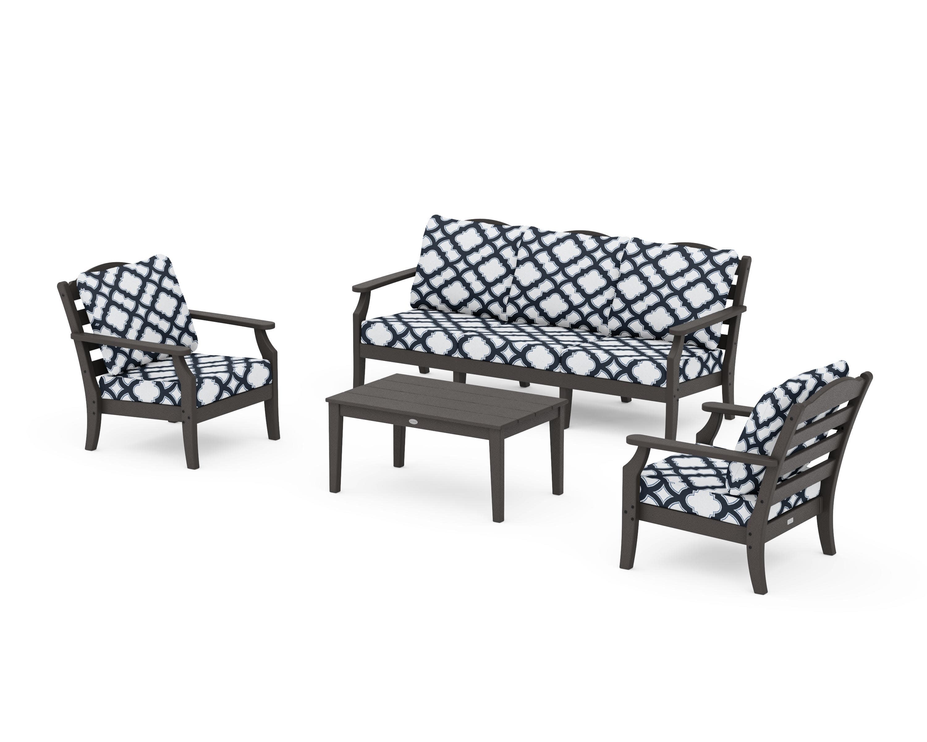 Savannah 4-Piece Deep Seating Set with Sofa in Vintage Coffee / Trellis Marine Indigo