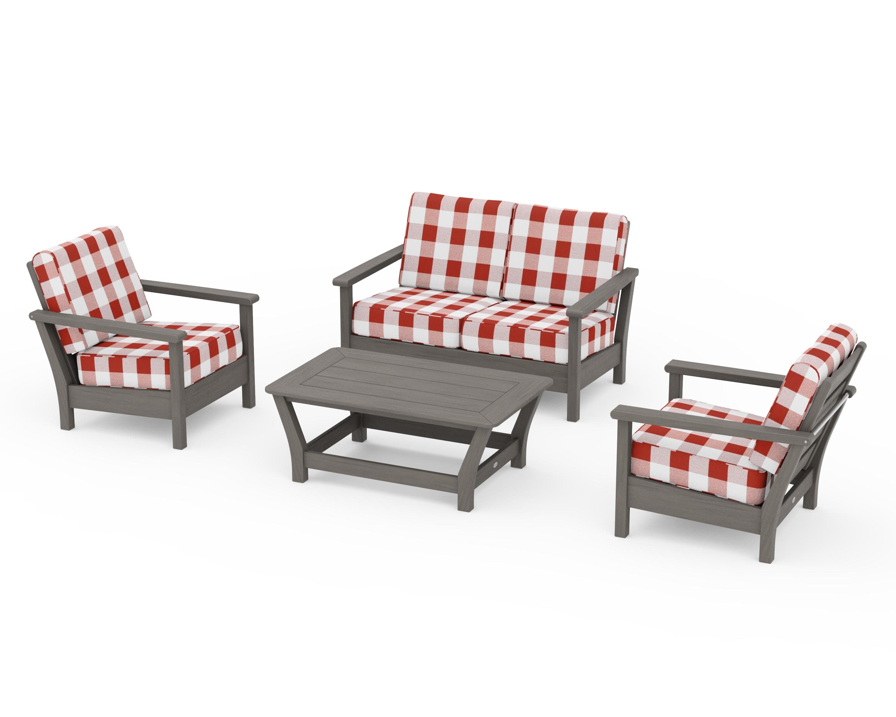 Harbour 4-Piece Deep Seating Set in Driftwood / Buffalo Plaid Crimson