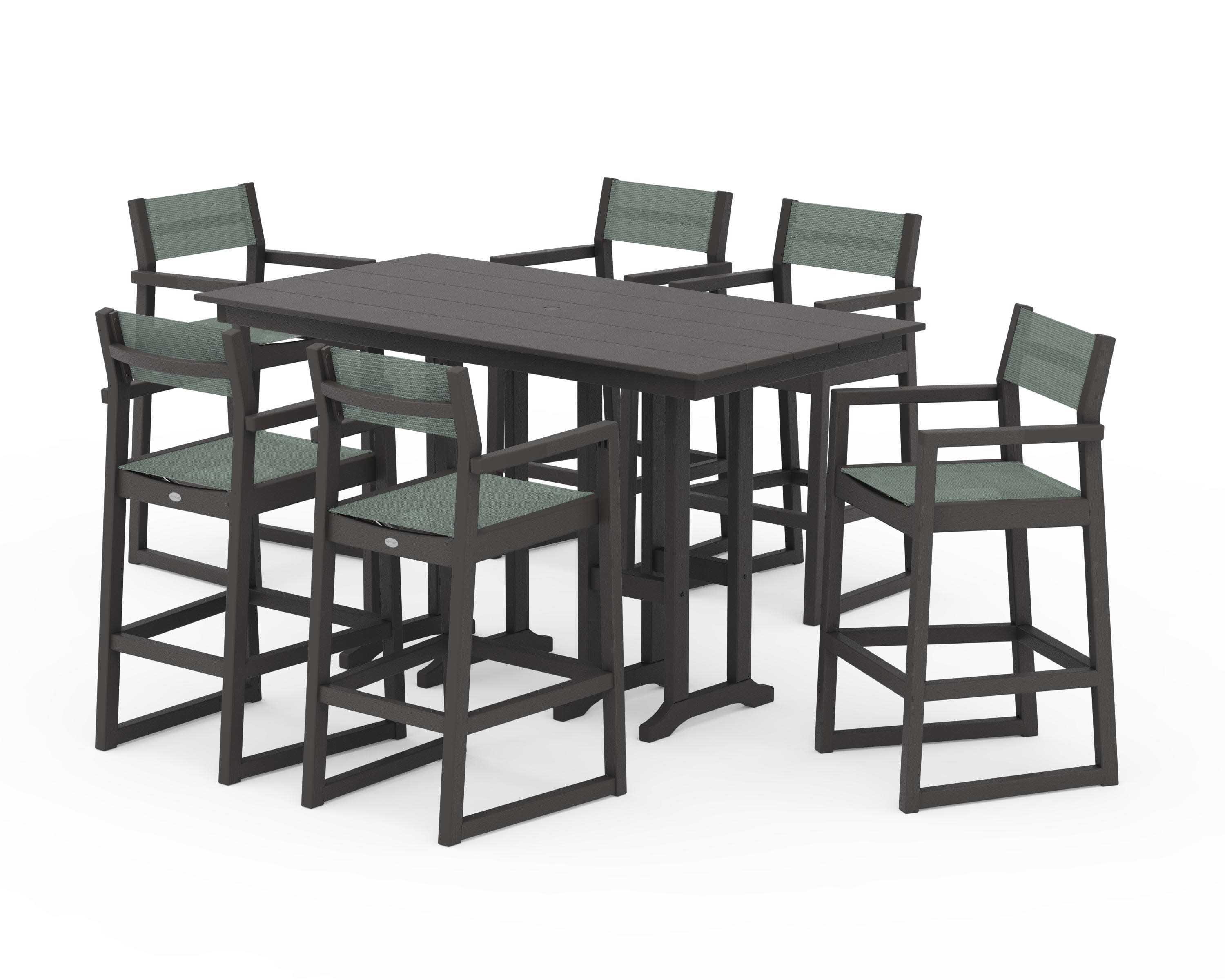 EDGE Sling Arm Chair 7-Piece Farmhouse Bar Set in Vintage Coffee / Dupioni Sea Mist Sling