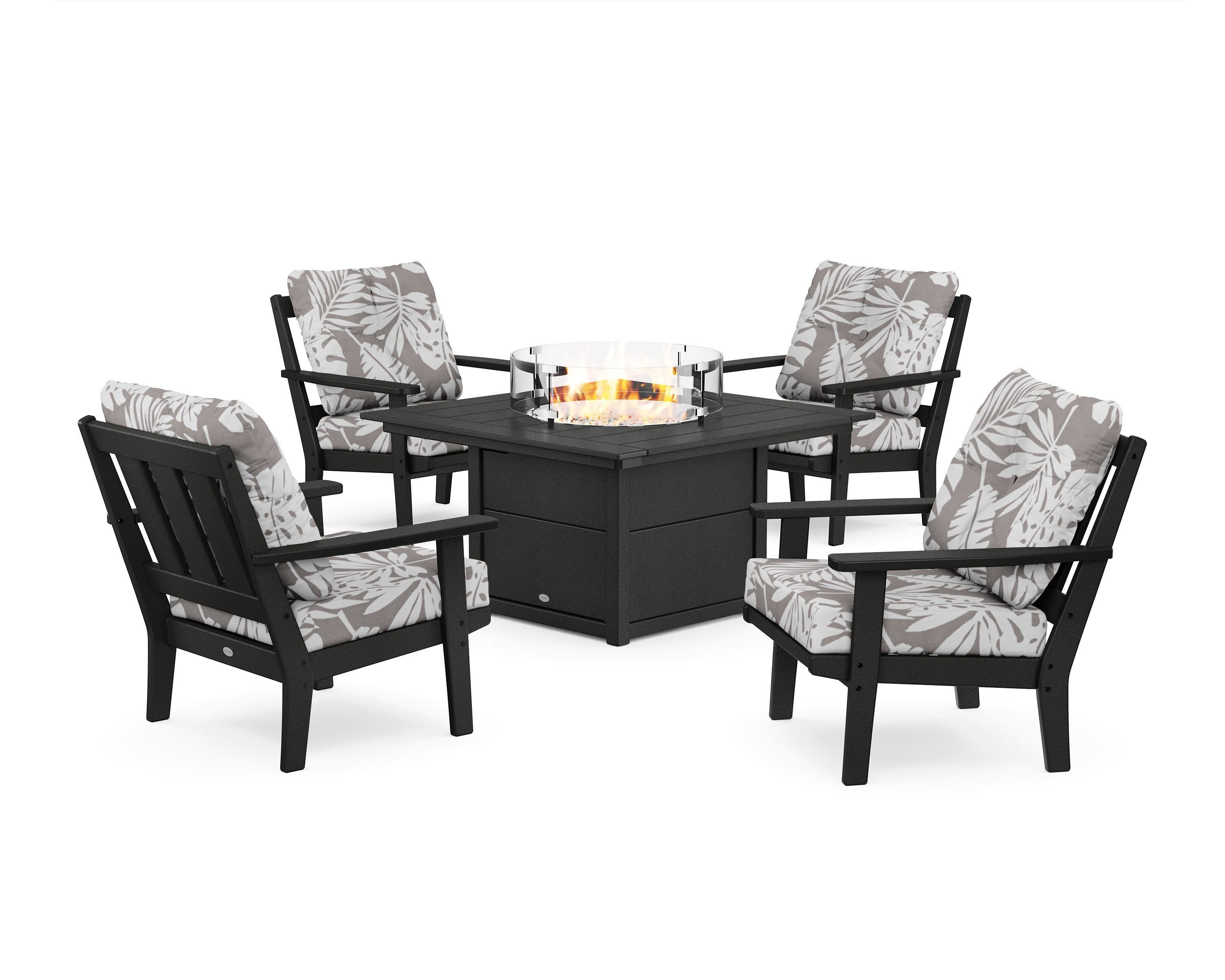 Oxford 5-Piece Deep Seating Set with Fire Pit Table in Black / Leaf Grey Mist