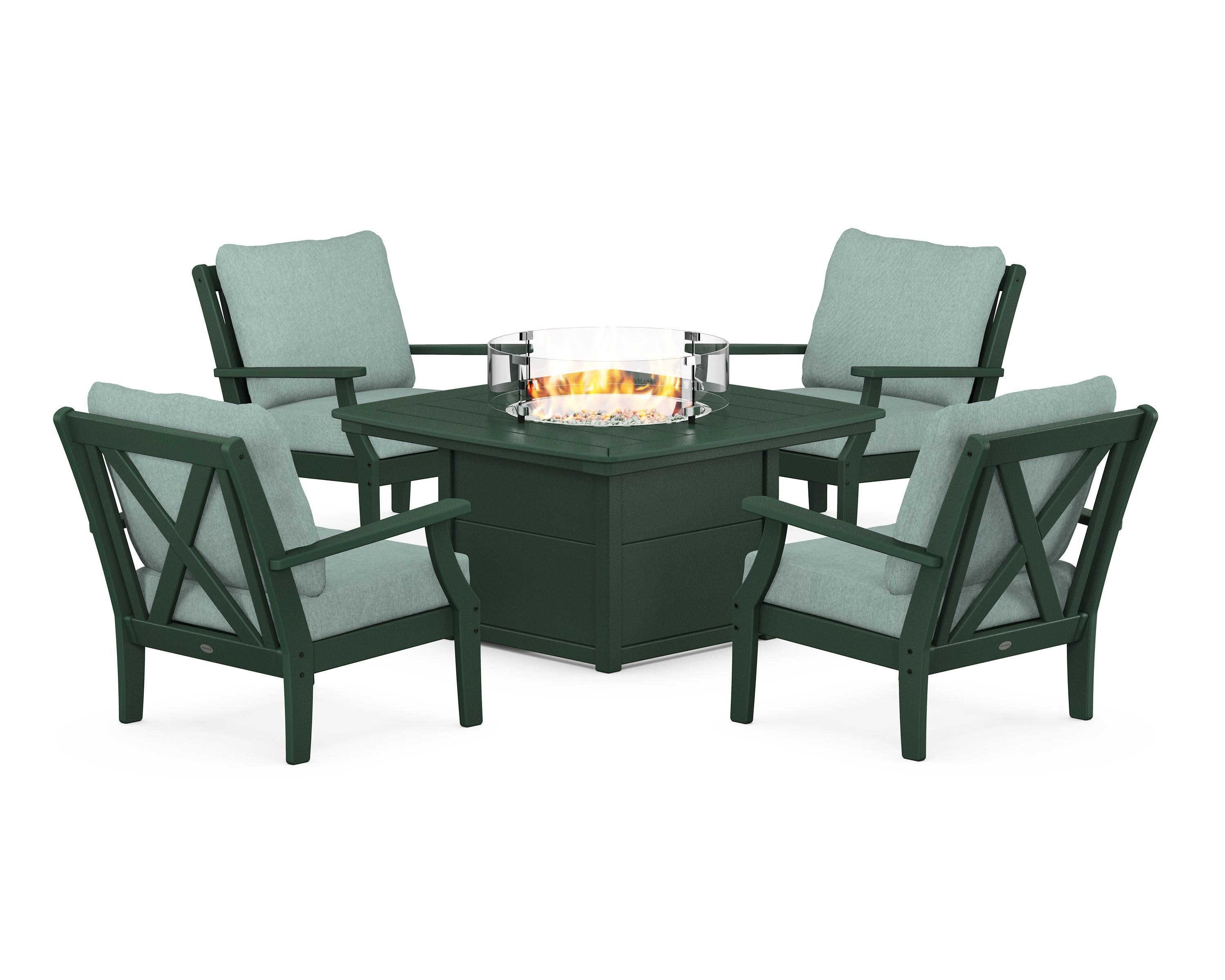Braxton 5-Piece Deep Seating Conversation Set with Fire Pit Table in Green / Glacier Spa