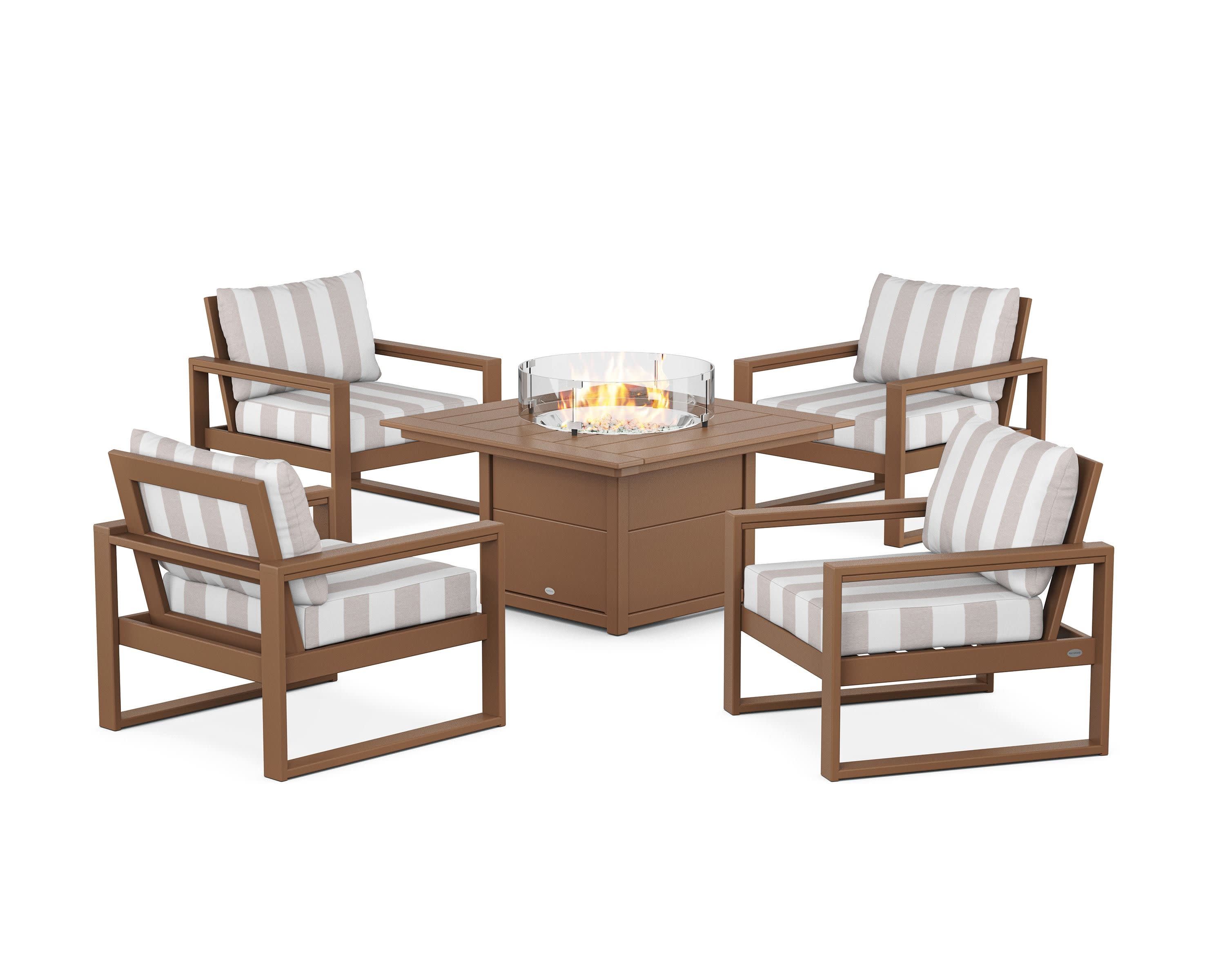 EDGE Sectional 5-Piece Deep Seating Set with Fire Pit Table in Teak / Cabana Stripe Dune Burlap