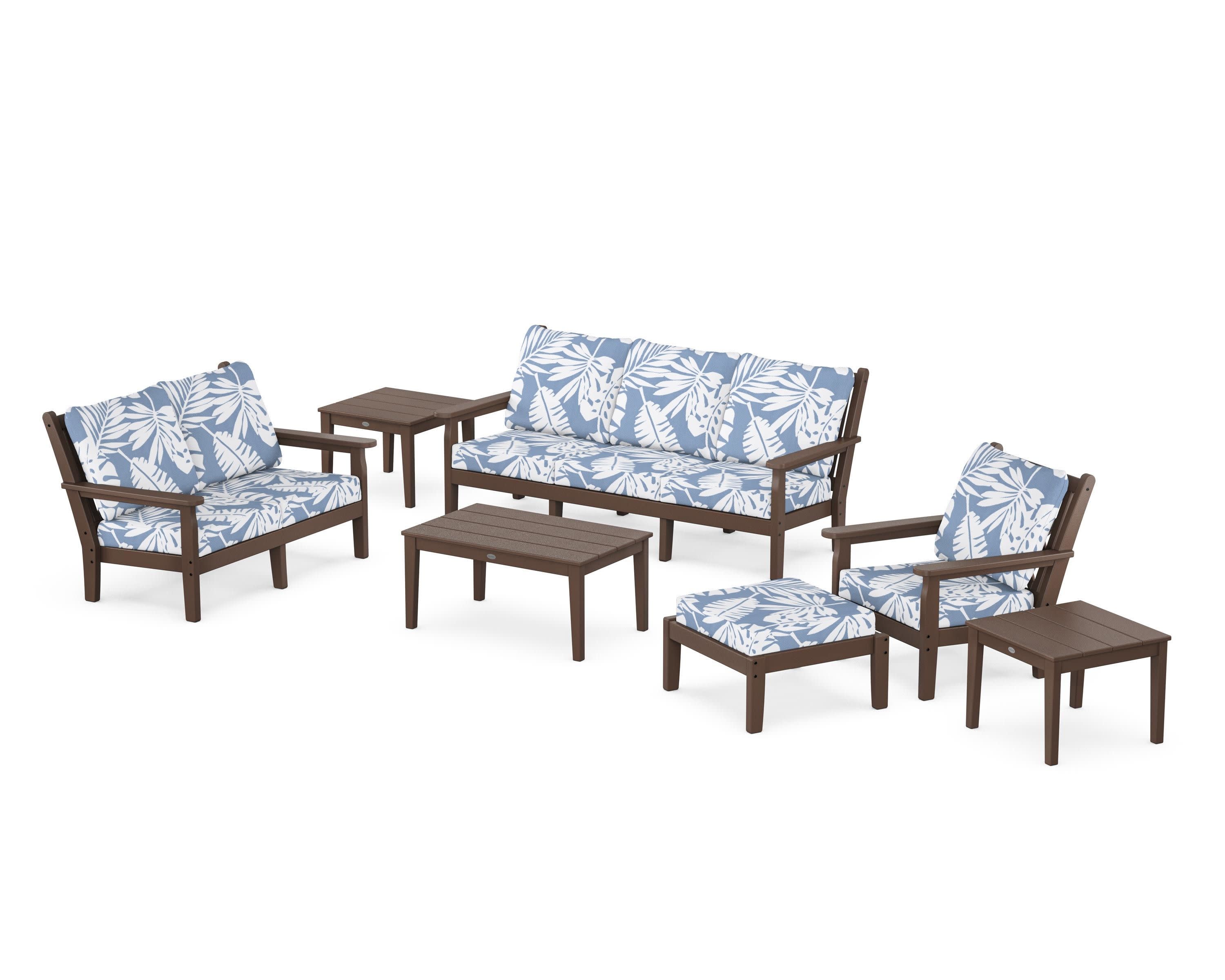 Chippendale 7-Piece Deep Seating Set in Mahogany / Leaf Sky Blue