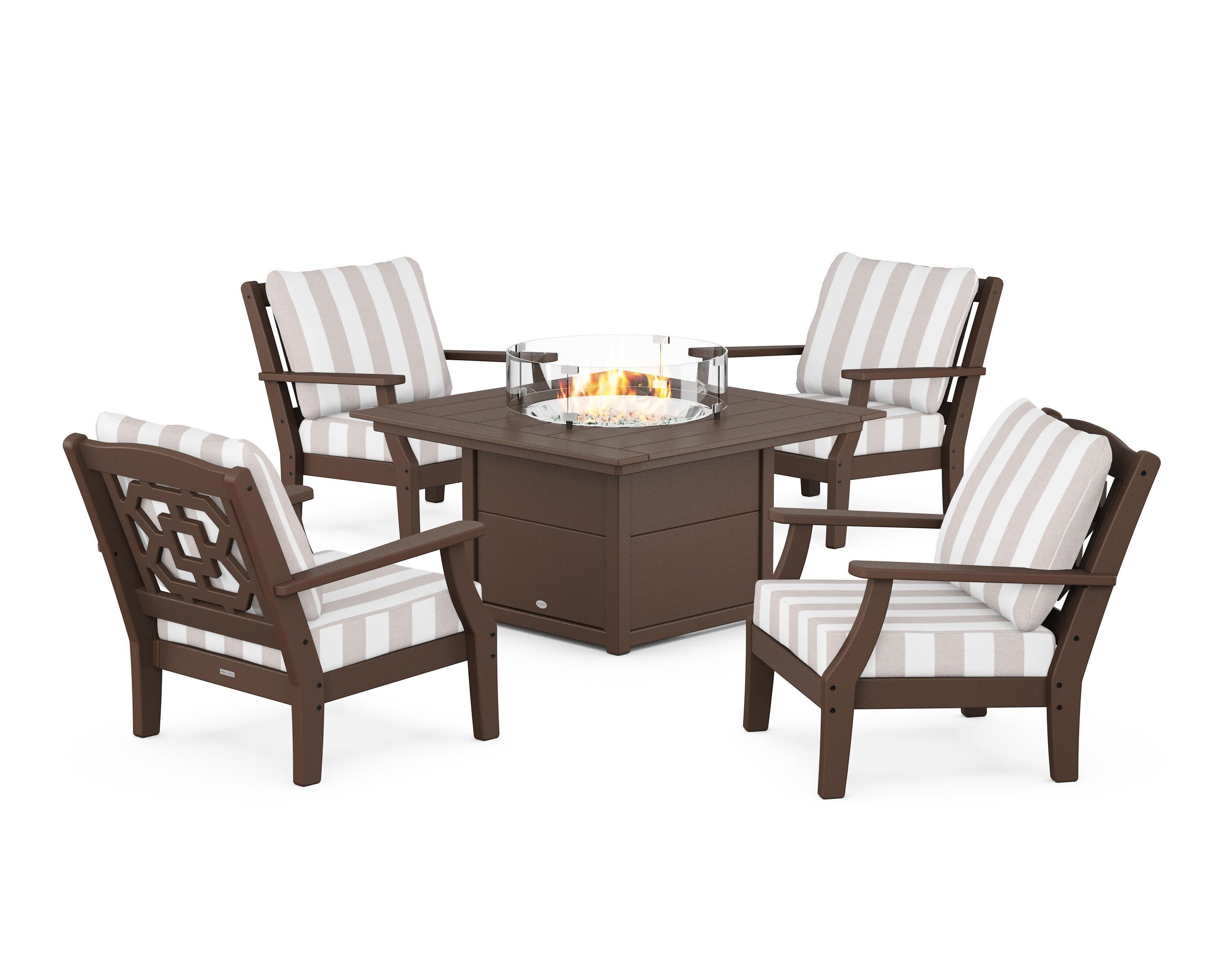 Chinoiserie 5-Piece Deep Seating Set with Fire Pit Table in Mahogany / Cabana Stripe Dune Burlap