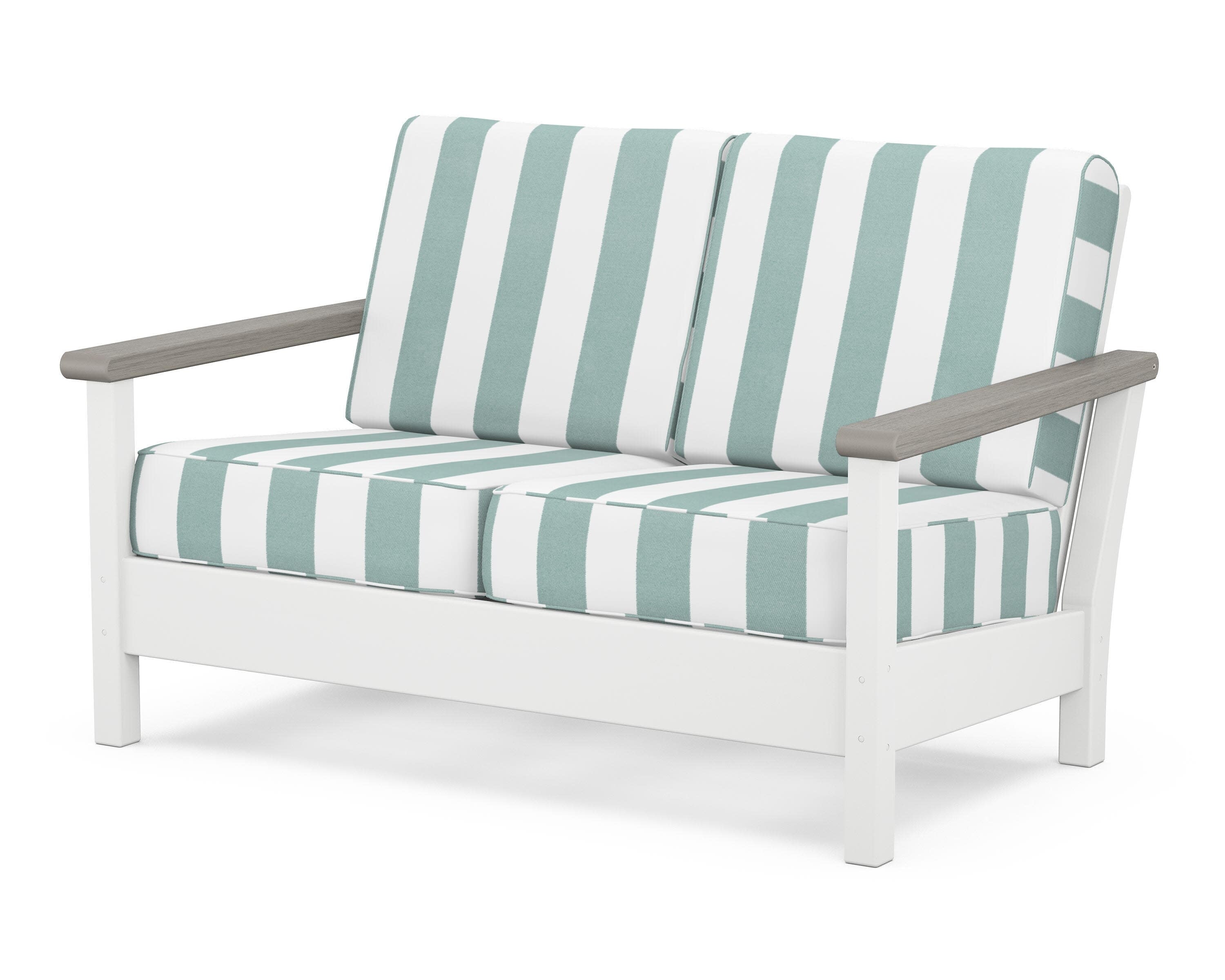 Harbour Deep Seating Loveseat in White / Driftwood / Cabana Stripe Glacier Spa