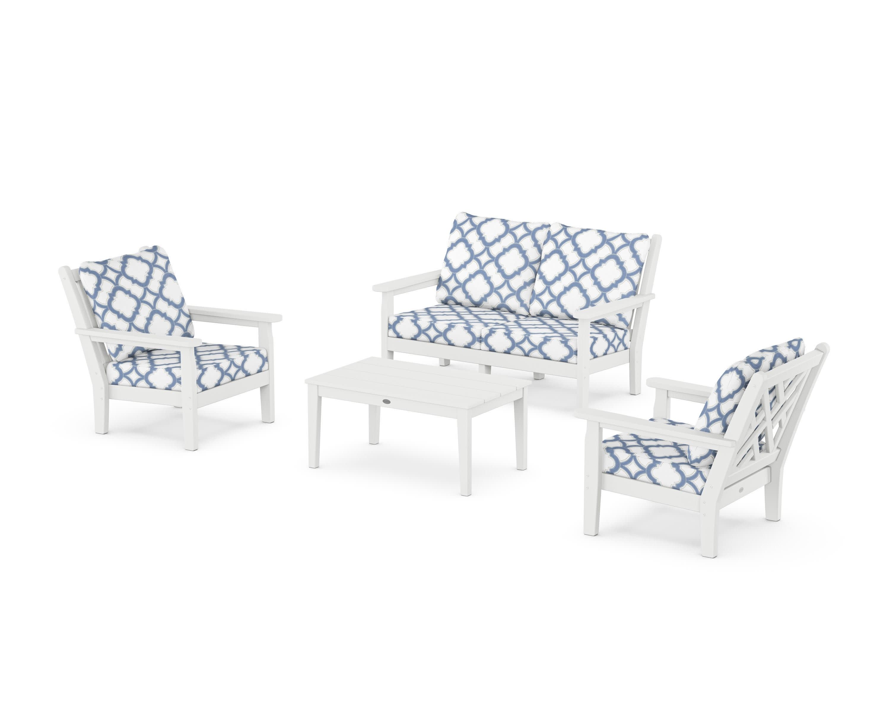 Chippendale 4-Piece Deep Seating Set with Loveseat in White / Trellis Sky Blue