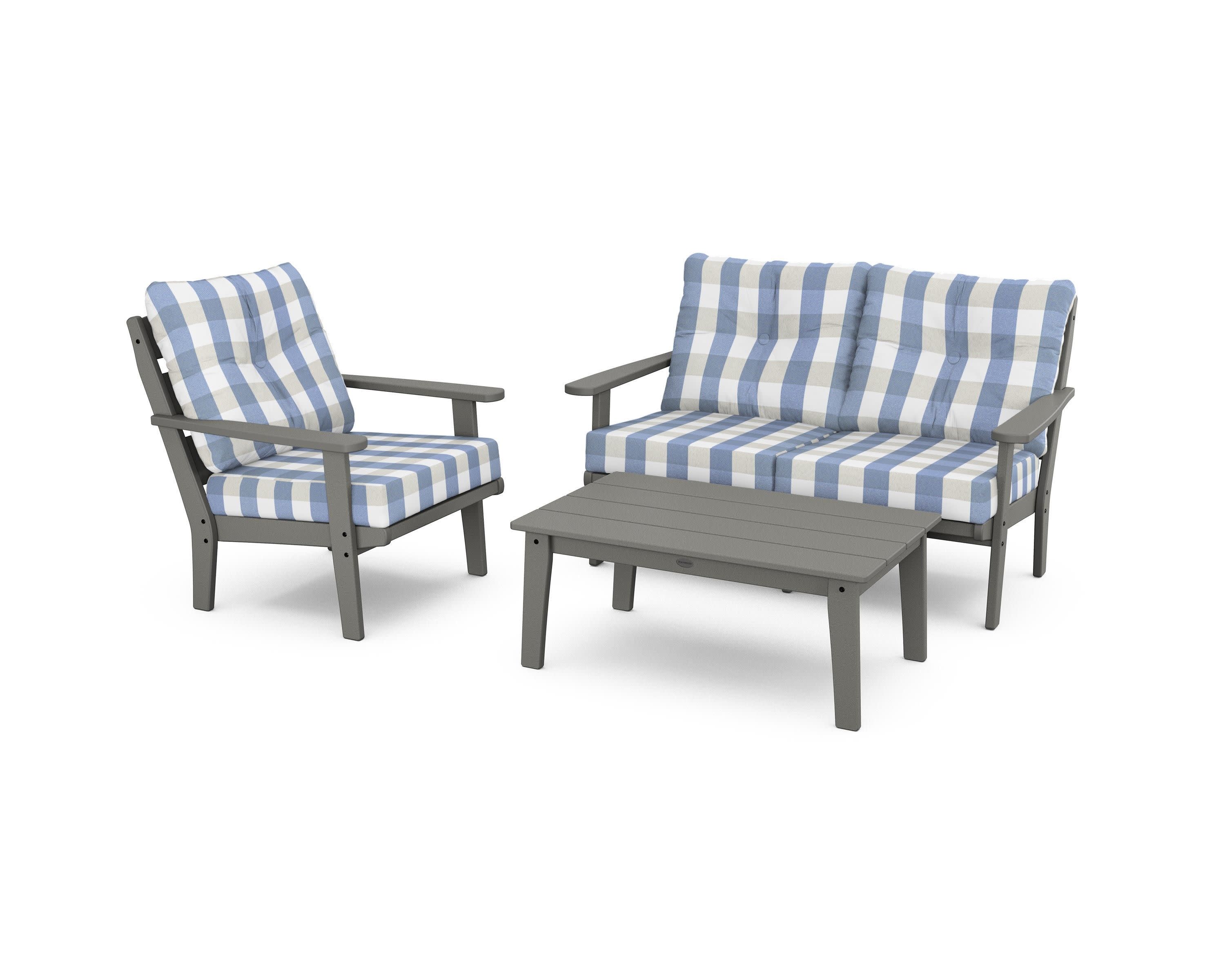 Lakeside 3-Piece Deep Seating Set in Slate Grey / Buffalo Plaid Sky Blue