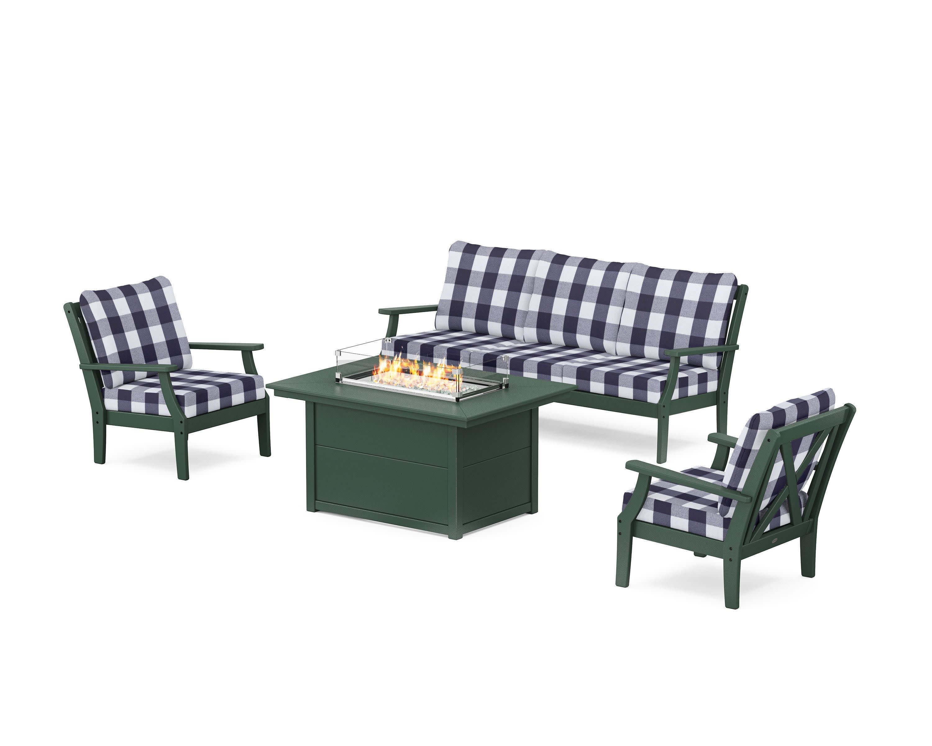 Braxton Deep Seating Fire Pit Table Set in Green / Buffalo Plaid Navy