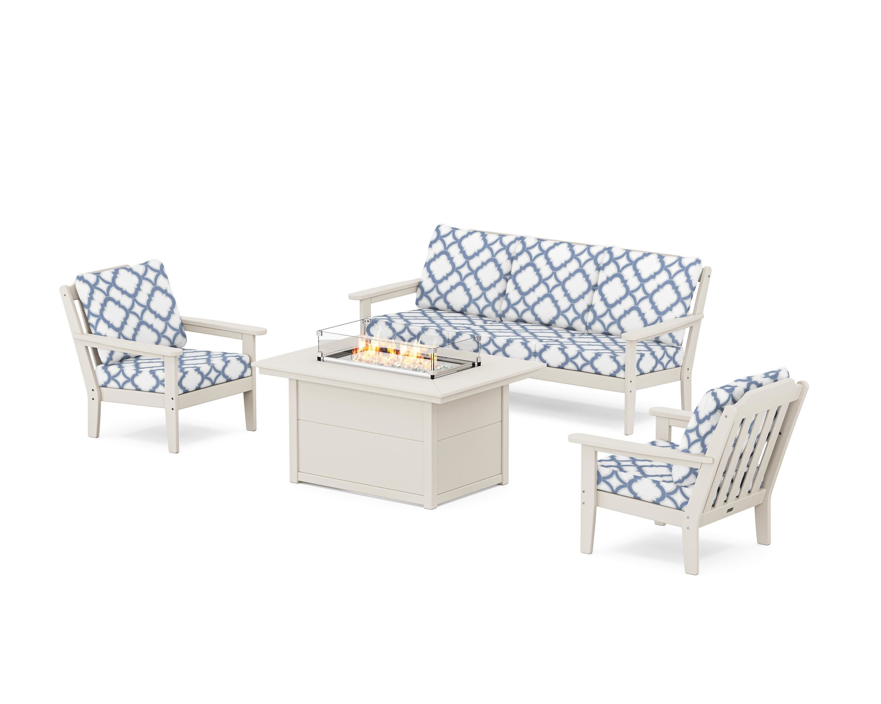 Cottage Deep Seating Fire Pit Table Set in Sand / Trellis Sky Blue