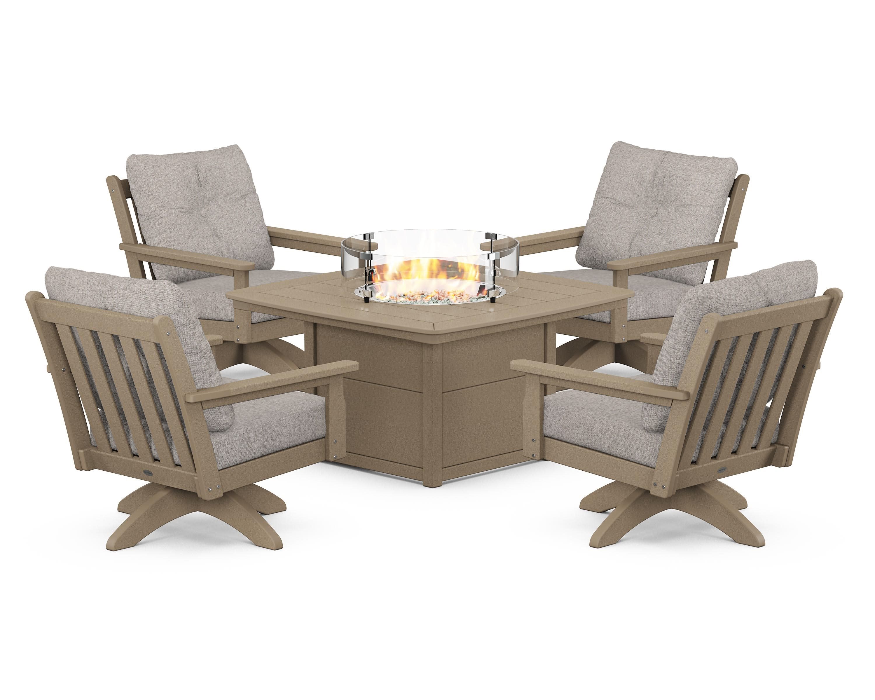 Vineyard 5-Piece Deep Seating Swivel Conversation Set with Fire Pit Table in Vintage Sahara / Weathered Tweed