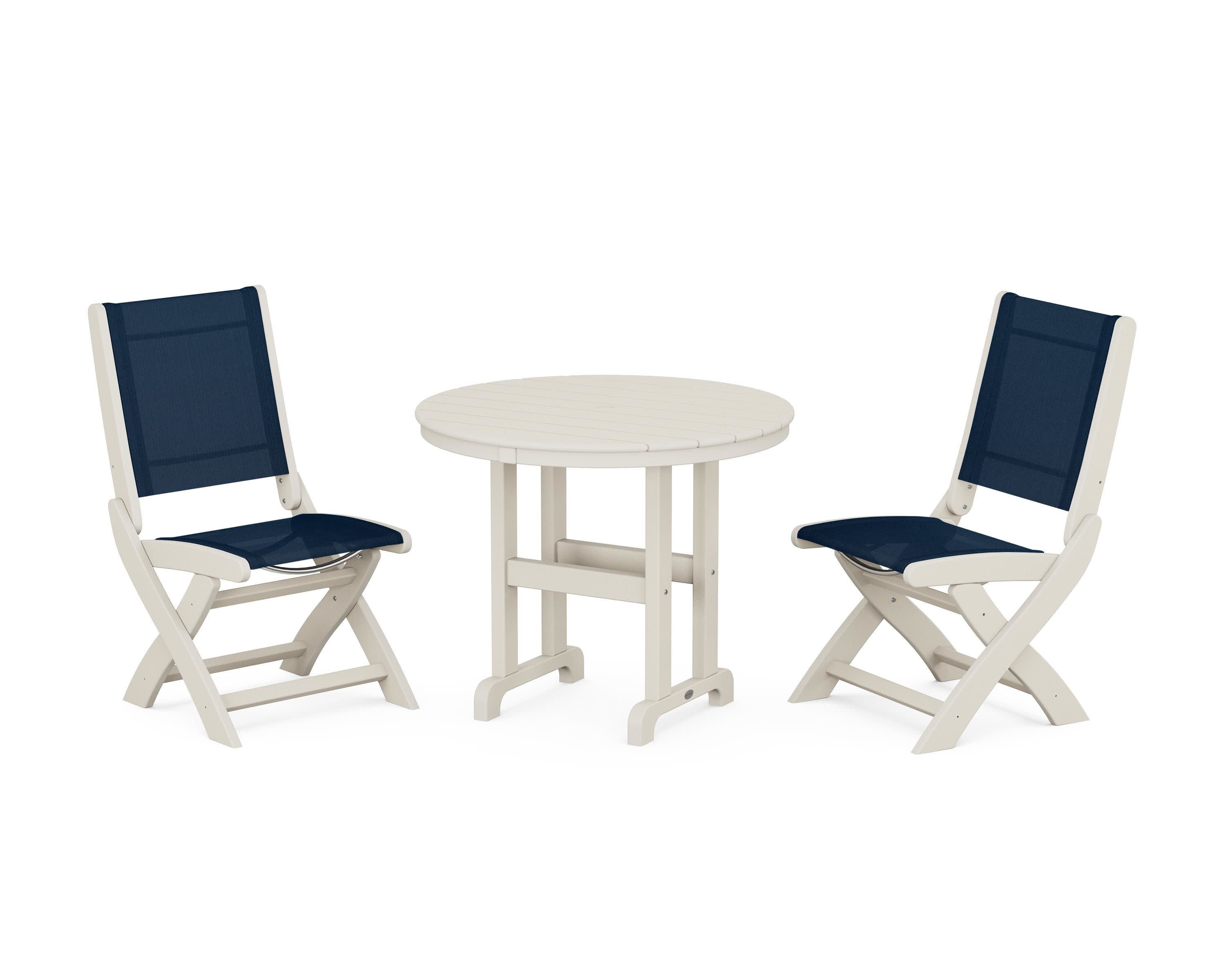 Coastal Folding Side Chair 3-Piece Round Dining Set in Sand / Navy Blue Sling