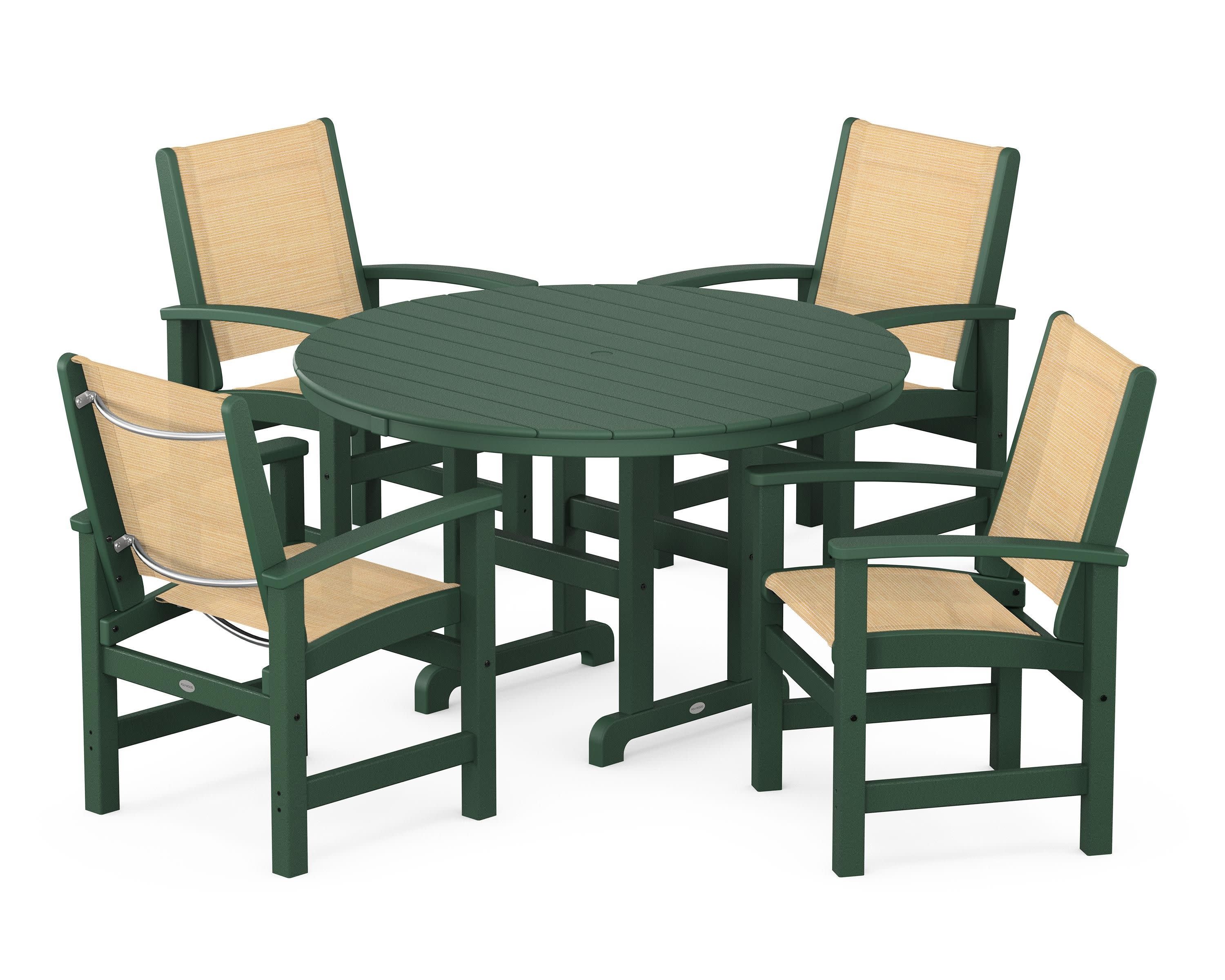 Coastal 5-Piece Round Farmhouse Dining Set in Green / Dupioni Apricot Sling
