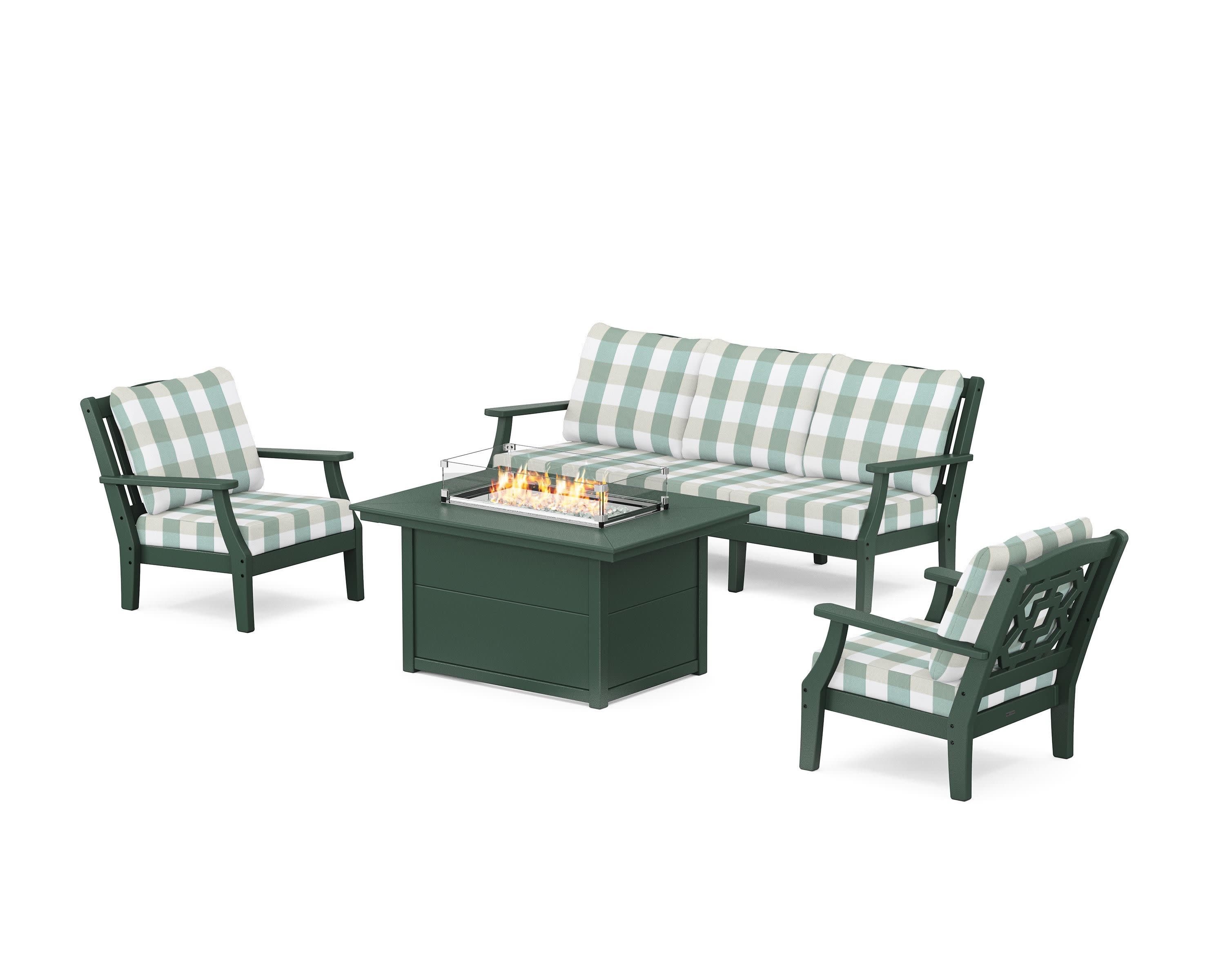 Chinoiserie Deep Seating Fire Pit Table Set in Green / Buffalo Plaid Glacier Spa