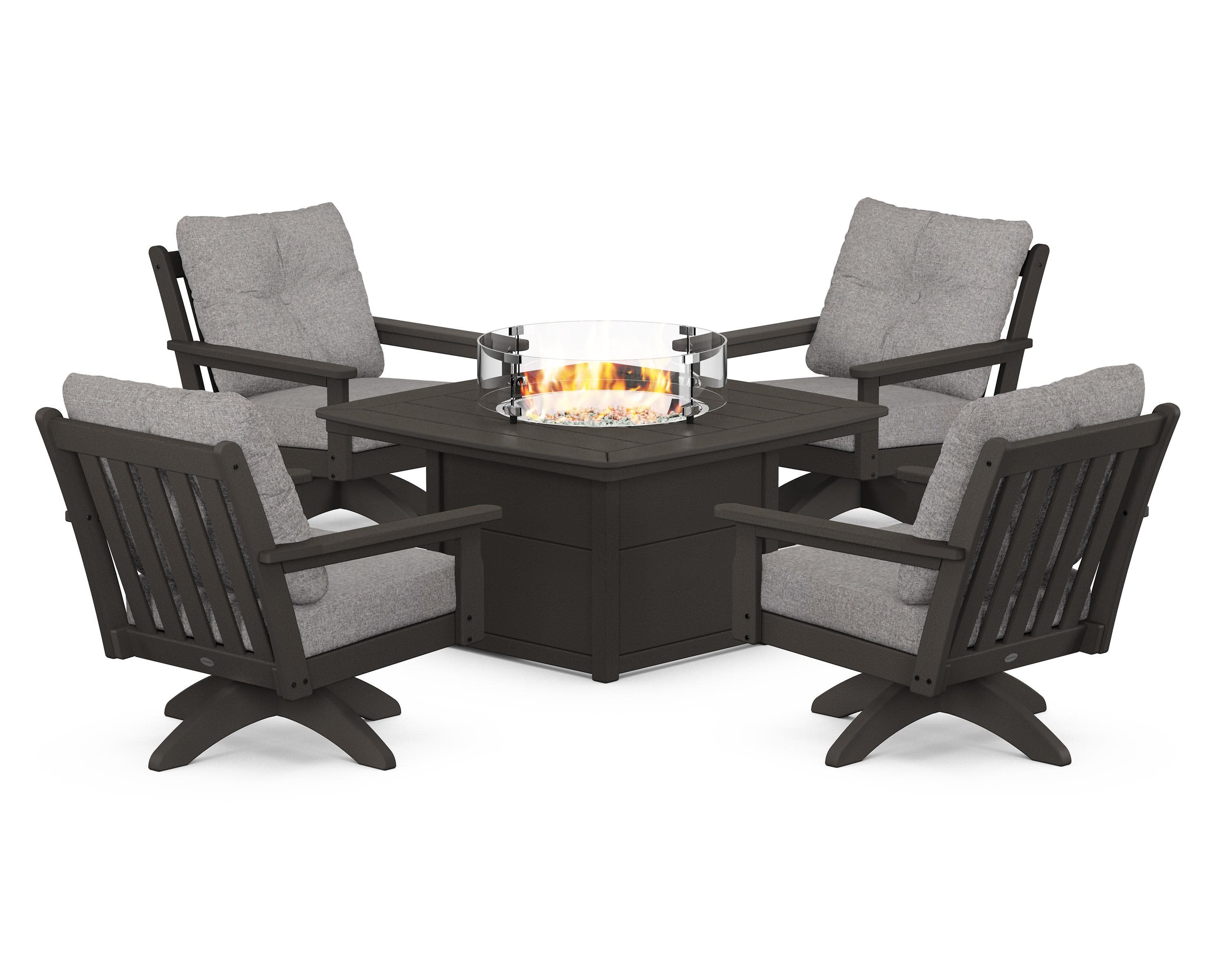 Vineyard 5-Piece Deep Seating Swivel Conversation Set with Fire Pit Table in Vintage Coffee / Grey Mist