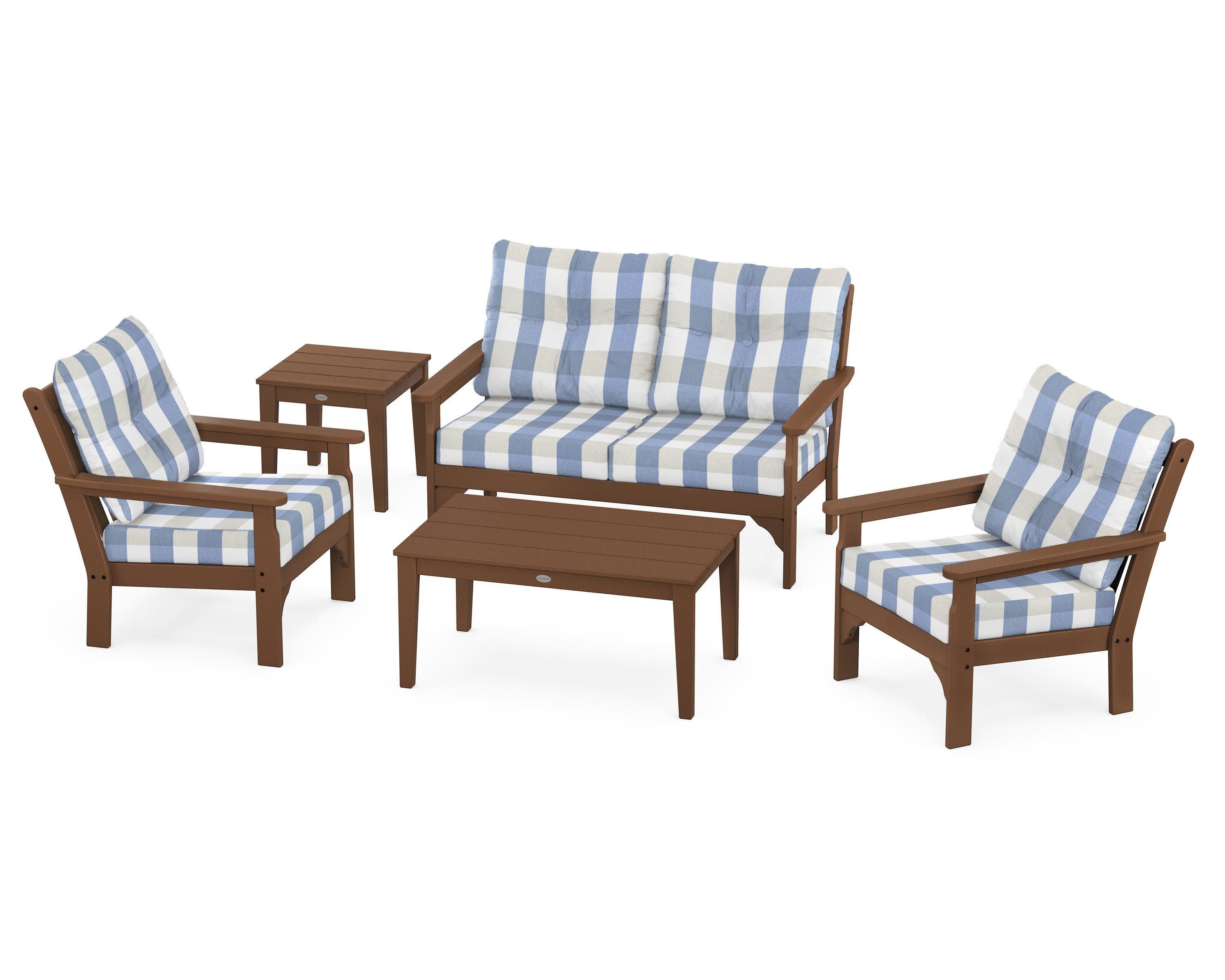 Vineyard 5-Piece Deep Seating Set in Teak / Buffalo Plaid Sky Blue