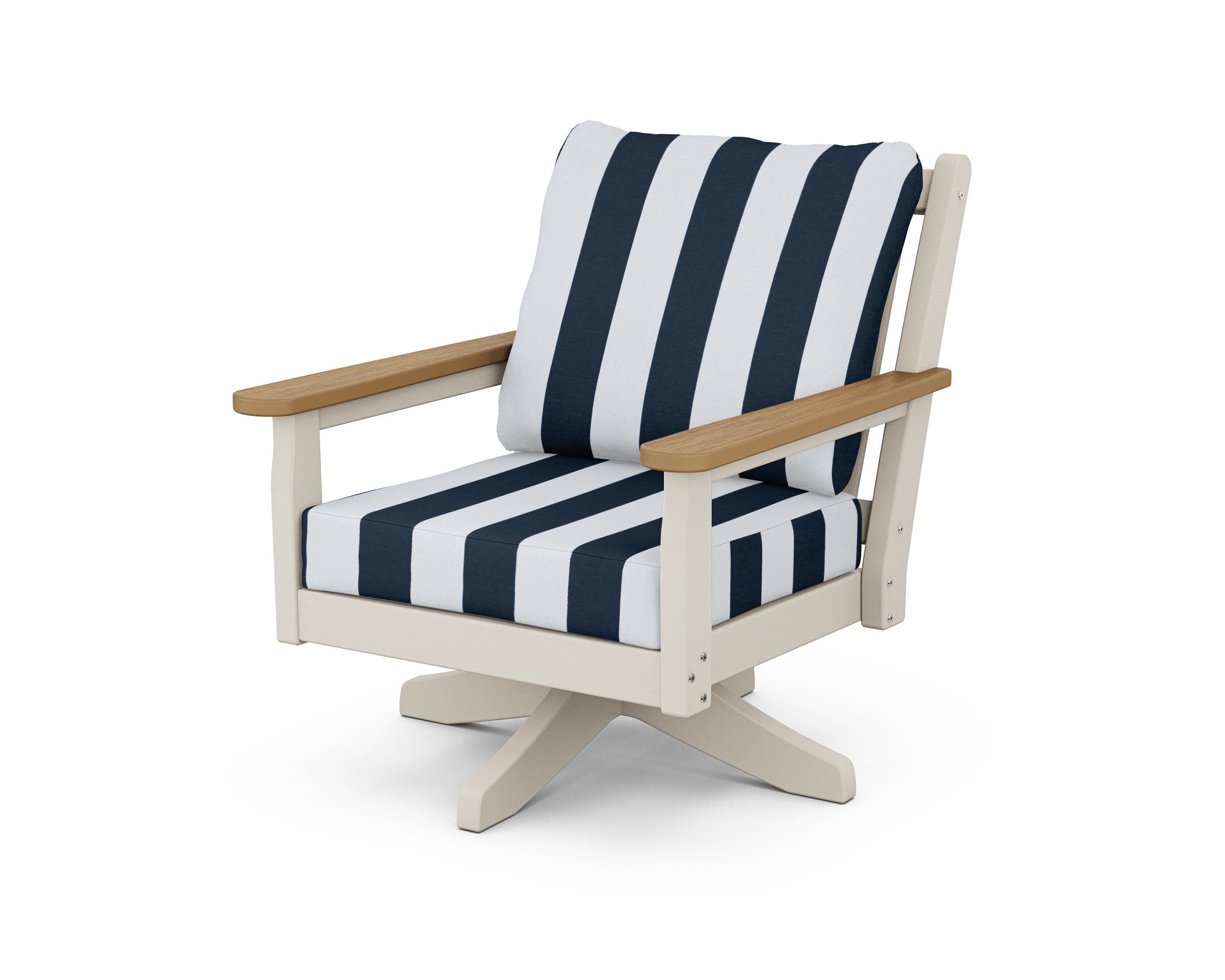 Chippendale Deep Seating Swivel Chair in Sand / Natural / Cabana Stripe Marine Indigo