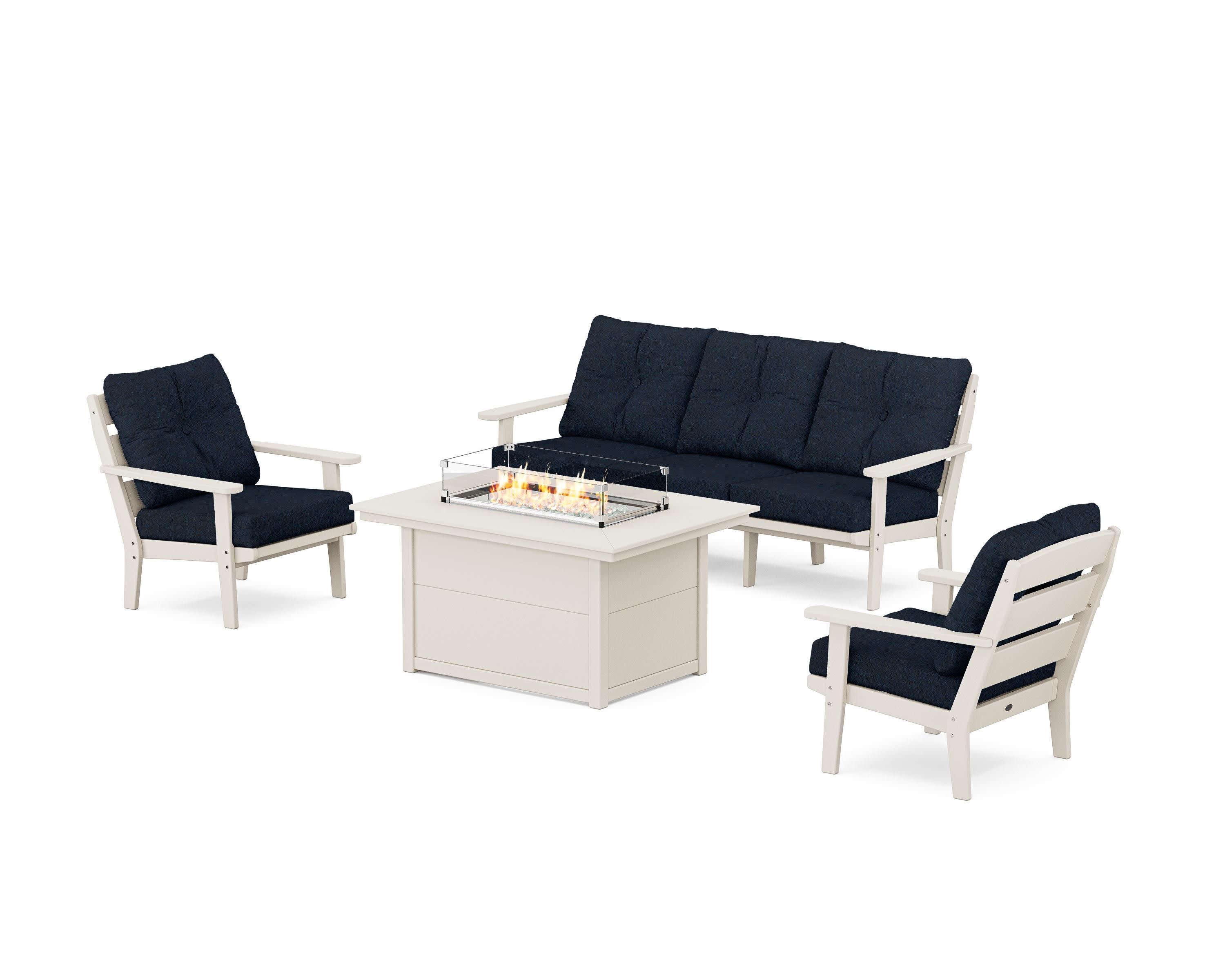 Lakeside Deep Seating Fire Pit Table Set in Sand / Marine Indigo