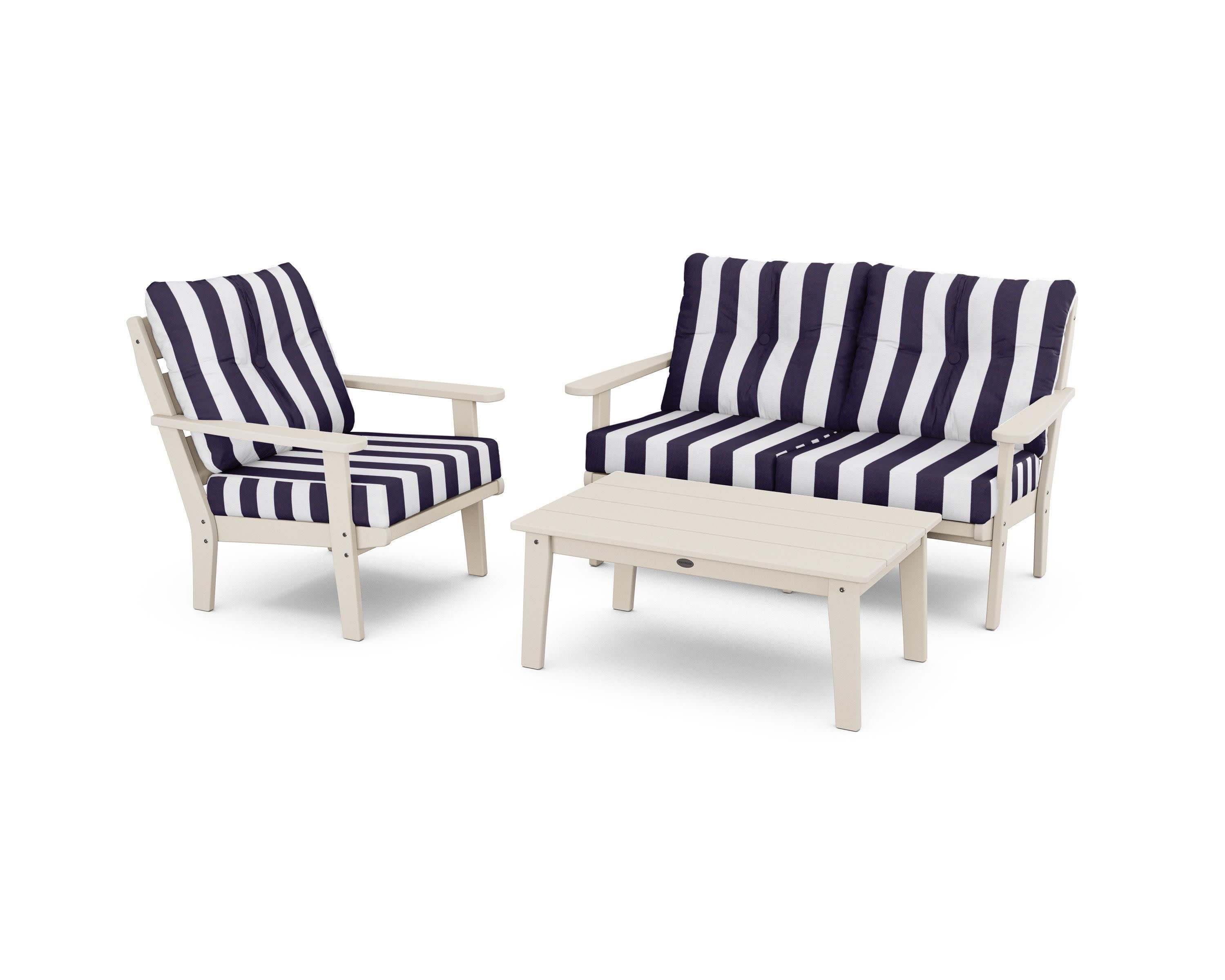 Lakeside 3-Piece Deep Seating Set in Sand / Cabana Stripe Navy