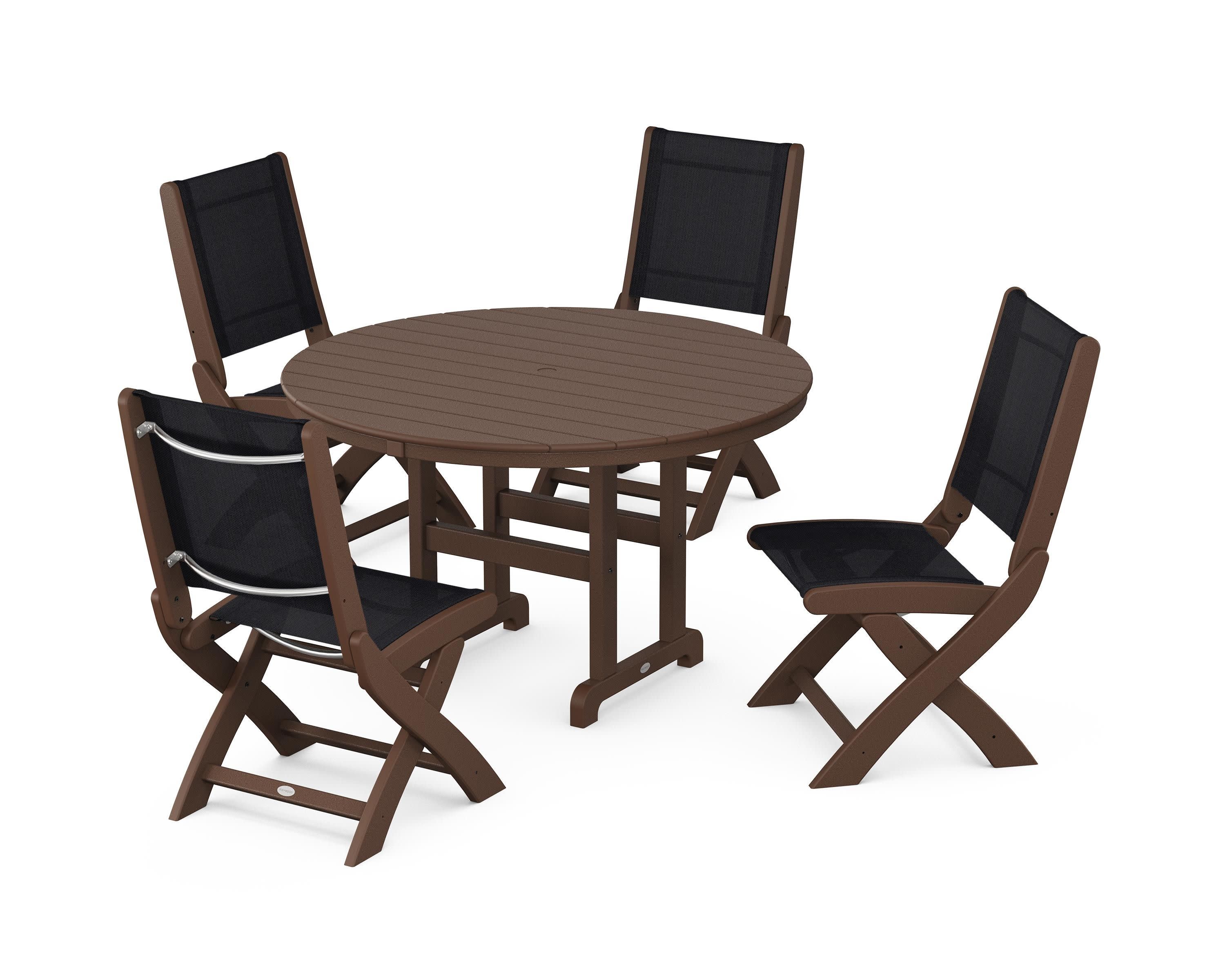 Coastal Folding Side Chair 5-Piece Round Dining Set in Mahogany / Black Sling
