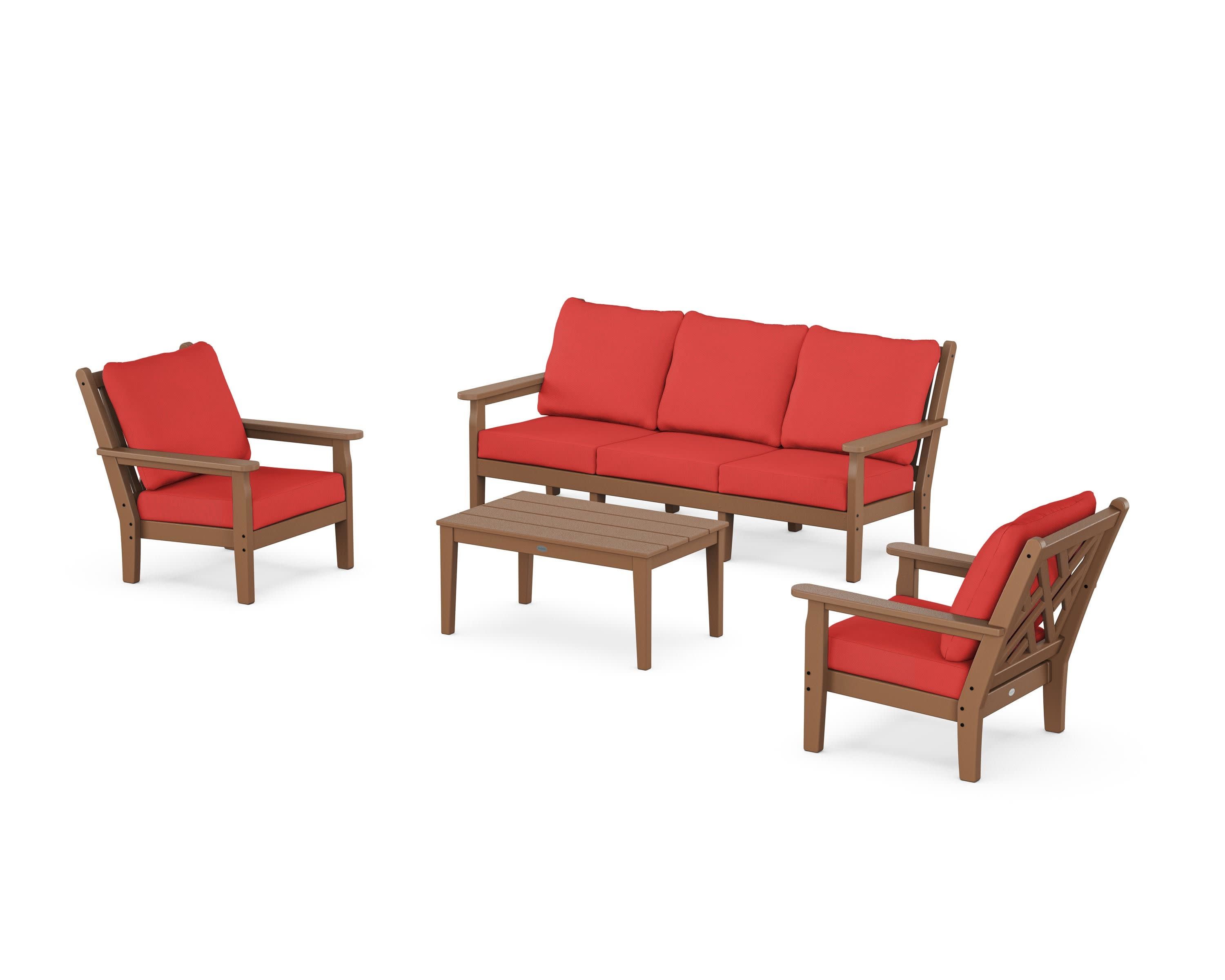 Chippendale 4-Piece Deep Seating Set with Sofa in Teak / Crimson Linen