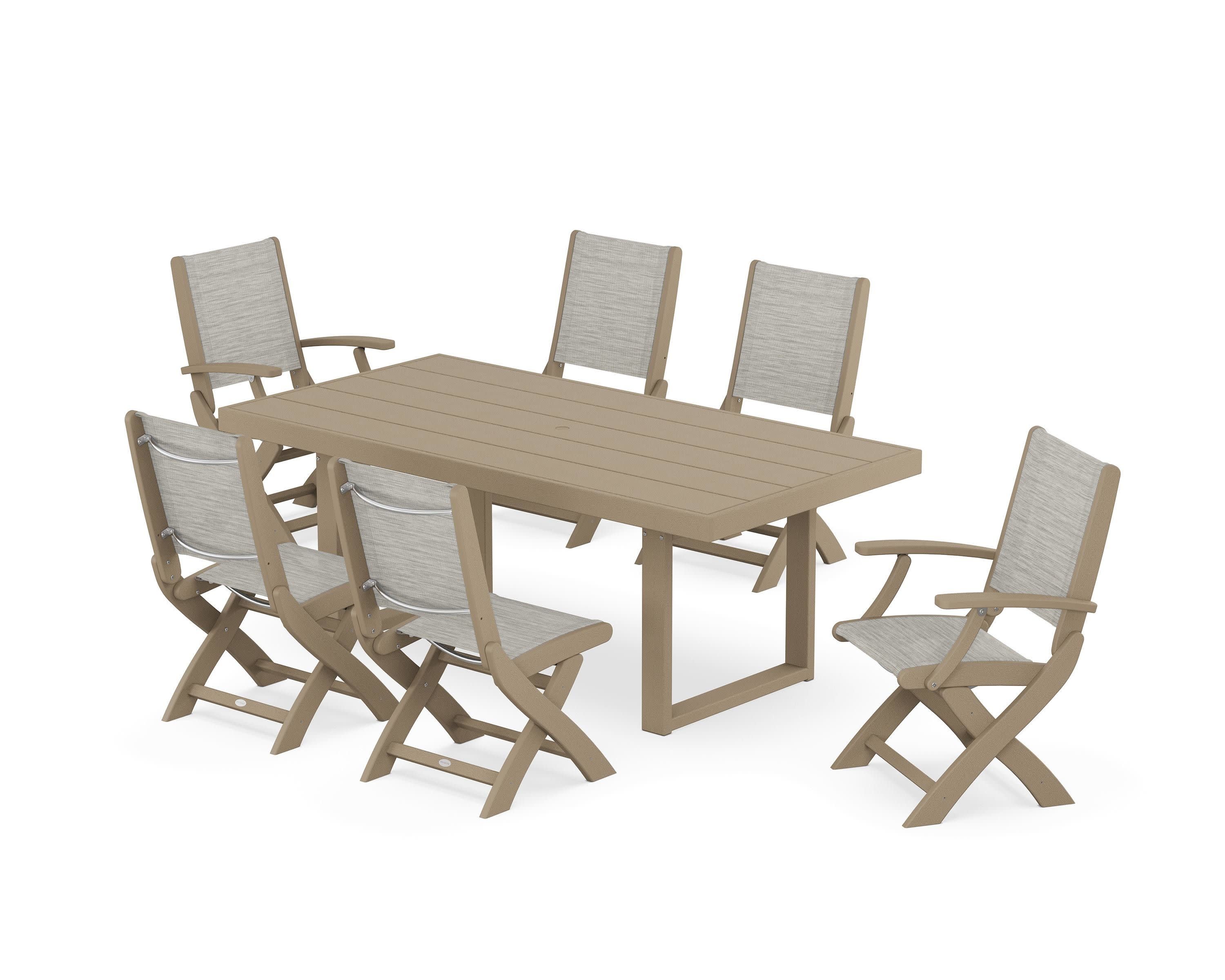 Coastal Folding Chair 7-Piece Dining Set with Trestle Legs in Vintage Sahara / Birch Sling